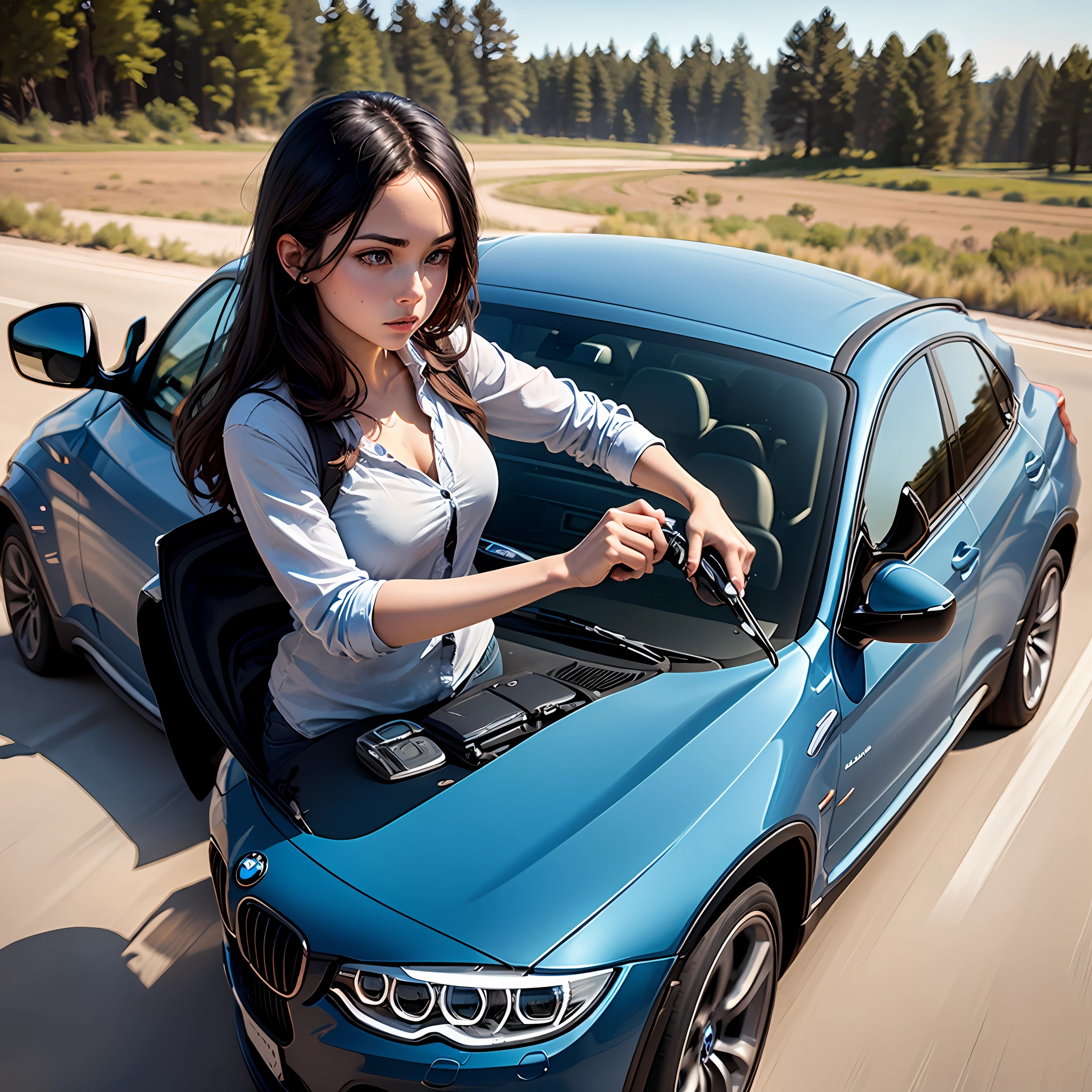 Girl driving BMW X4 driving on the prairie --auto