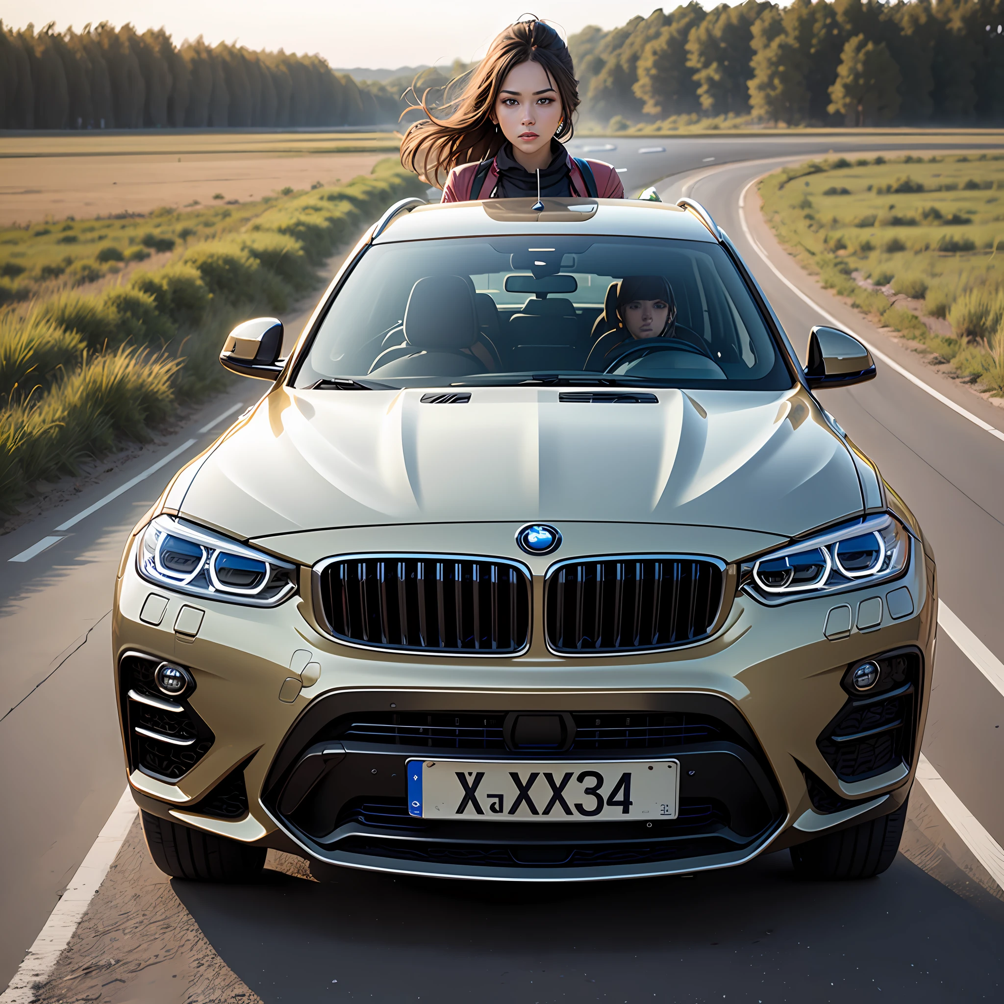 Girl driving BMW X4 driving on the prairie --auto