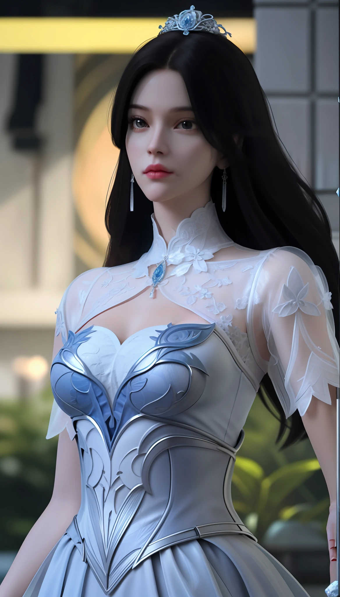 1girl, looking at viewer,
upper body, 3D, realistic,
large breasts, excessively frilled princess dress, draped clothes, jewelry, ornament, flower, lace trim,
masterpiece, best quality, 8k, detailed skin texture, detailed cloth texture,  beautiful detailed face, intricate details, ultra detailed,
rim lighting, side lighting, cinematic light, ultra high res, 8k uhd, film grain,best shadow, delicate, RAW