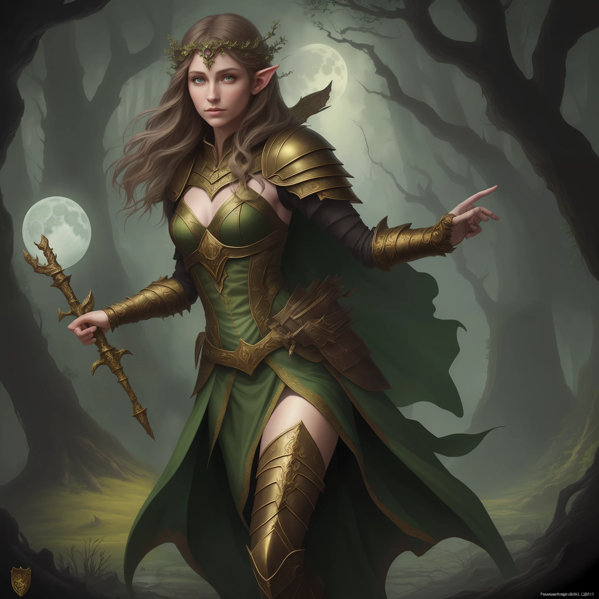 fantasy art, dnd art, (masterpiece:1.5), full body intricate details, highly detailed, best quality, highres, portrait of a female, elf (1.6, fantasy art, Masterpiece, best quality) druid playing with forest animals (1.4 intricate details, fantasy art, Masterpiece, best quality) with a short brown hair, green eyes, (fantasy art, Masterpiece, best quality)armed a staff, wearing a green cloak (1.4 intricate details, fantasy art, Masterpiece, best quality), wearing leather armor (1.4 intricate details, fantasy art, Masterpiece, best quality), in fantasy setting forest at night, moon, clouds, soft light, cinematic light, high details, best quality, highres, 1080P, 8k, anatomically correct, photorealistic