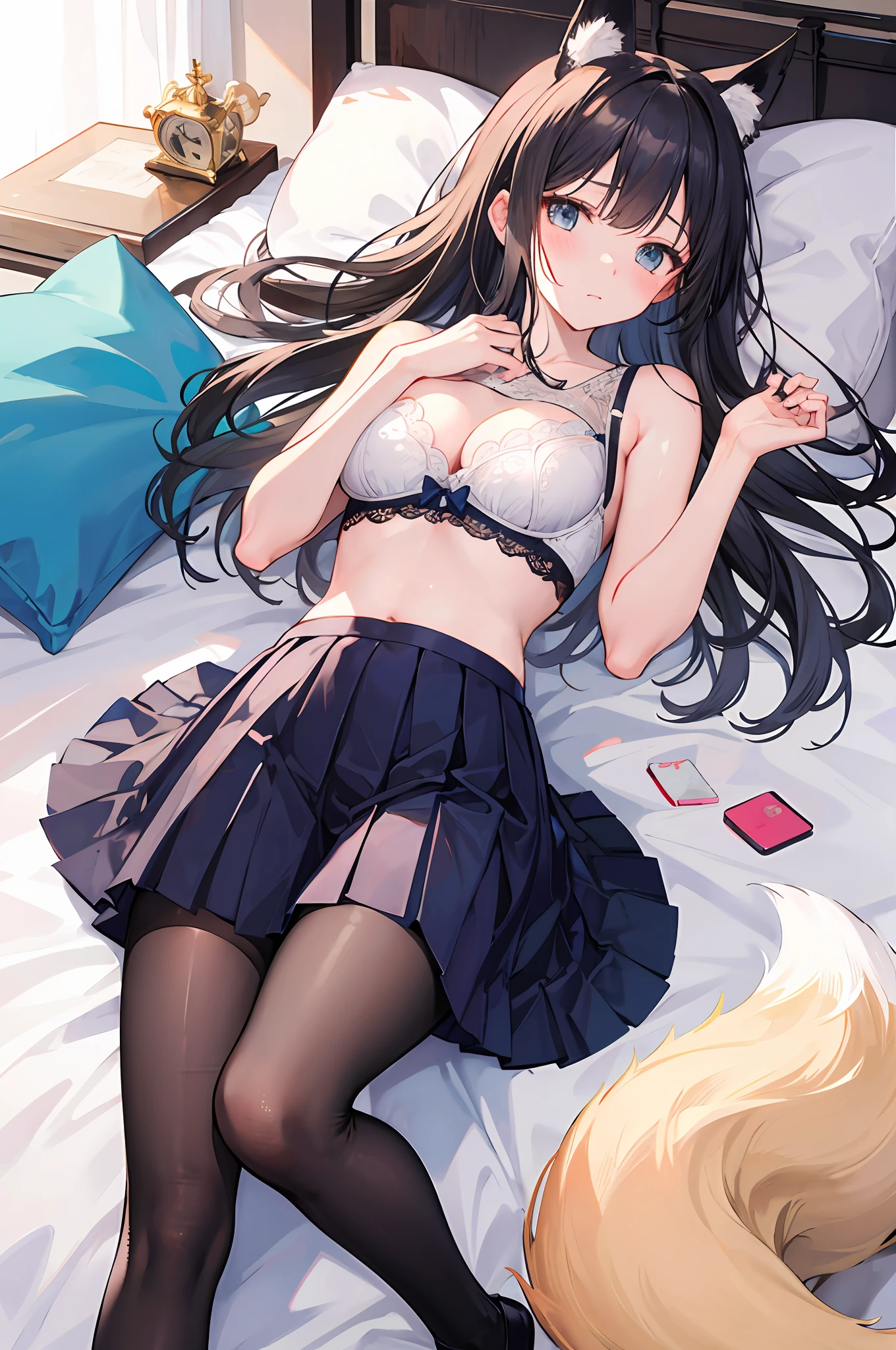 the girls wear bras, pleated skirts, lace socks with bows, fox people. embarrassed expression, lying in bed