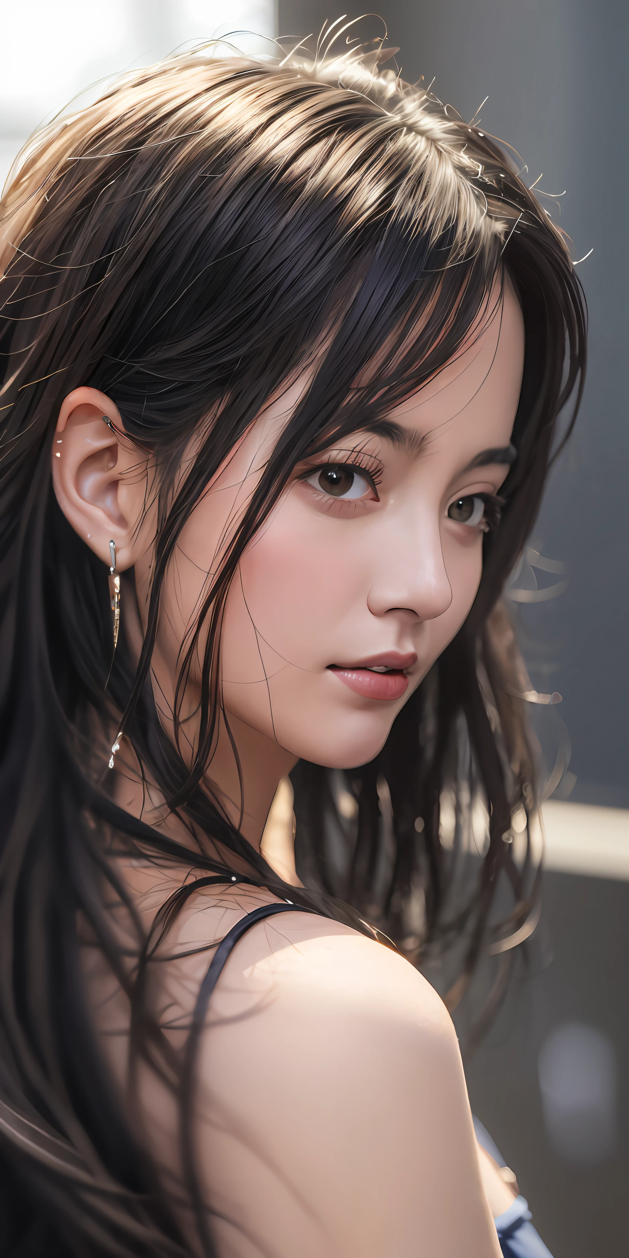 black hair, Hyperrealism, blurry foreground, projected inset, backlighting, 8k, super detail