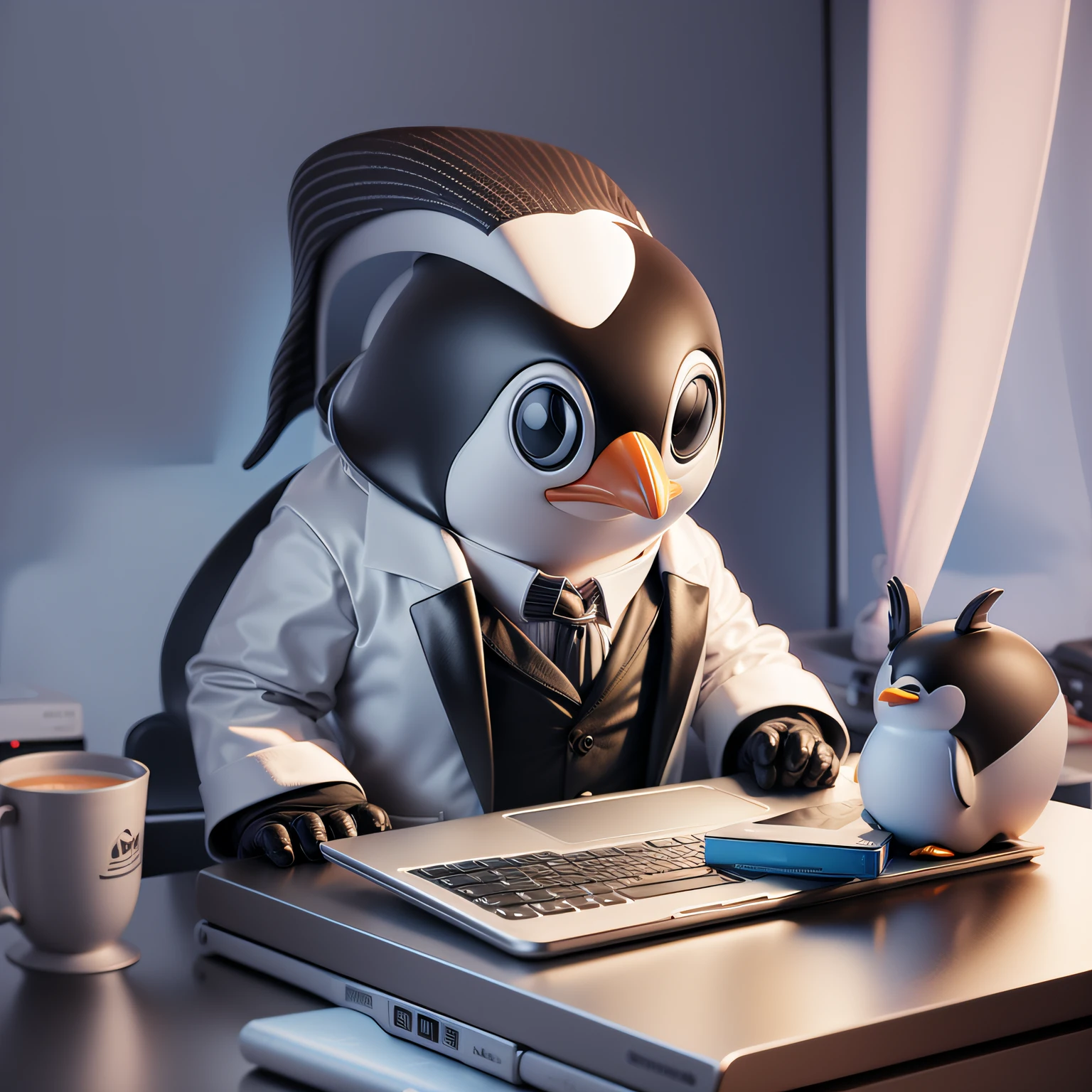 Cybernetic penguin wearing a futuristic hacker costume, com detalhes em cobre e engrenagens. The costume is decorated with stickers of programming codes and Linux icons. The penguin is sitting in front of a computer with multiple monitors, teclados e mouses, todos conectados por cabos coloridos. The environment is illuminated by bright LED lights in shades of blue and green. The penguin has a determined expression on his face, as if you were about to solve a programming problem. On a nearby shelf, There are several technology and programming books, while a Linux poster decorates the wall in the background. The environment is filled with wires, cabos e circuitos complexos, giving the feeling that the penguin is part of the computer itself. The texture of the penguin feathers is highly detailed, with every detail visible in 8K resolution. The futuristic hacker costume is adorned with real mechanical parts, allowing the penguin to have cybernetic and robotic enhancements that make it a perfect fusion of man and machine. This includes robotic limbs with enhanced precision and strength, computational power for complex tasks and sensory enhancements that transcend biological limitations. The interaction of technology with the penguin is incredibly detailed, capturing the intricate details and nuances of these cybernetic enhancements in a blend of human and machine that challenges traditional notions of identity and existence. The scene is illuminated by bright LED lights in shades of blue and green, casting soft shadows throughout the room. The penguin is a highly detailed and realistic piece of art, which depicts the fusion of man and machine in a future where technology has reached new frontiers. The use of Linux-themed clothing is a tribute to the open-source operating systems that enable the creation of advanced technology like this. --auto