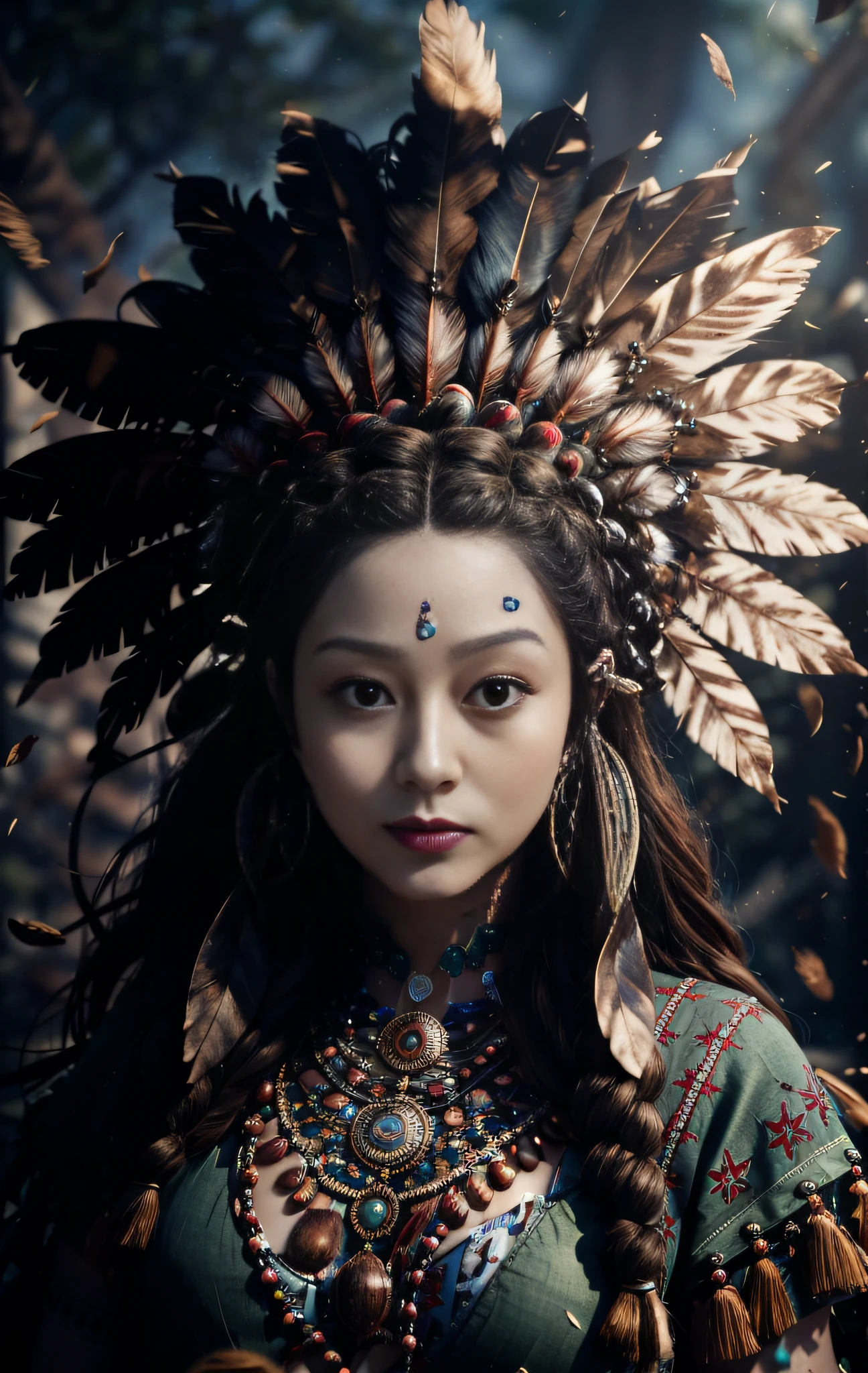 (full portrait), (half shot), solo, detailed background, detailed face, (stonepunkAI, stone theme:1.1), wise, (female), (native american), (beautiful hair, braids:0.2), shaman, septum piercing, mystical, (gorgeous face), stunning, head tilted upwards, (serene expression), calm, Seafoam Green frayed clothes, prayer beads, tribal jewelry, feathers in hair, headdress:0.33, jade, obsidian, detailed clothing, cleavage, realistic skin texture, (floating particles, water swirling, embers, ritual, whirlwind, wind:1.2), sharp focus, volumetric lighting, good highlights, good shading, subsurface scattering, intricate, highly detailed, ((cinematic)), dramatic, (highest quality, award winning, masterpiece:1.5), (photorealistic:1.5), (intricate symmetrical warpaint:0.5),