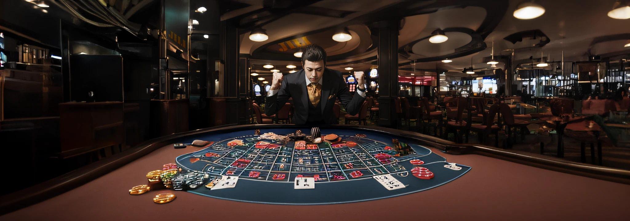 There is a table,There is a blue cloth and a clock on it, indoor casino, inside a casino, casino, flaunting his wealth, author:Julia Pishtar, celebrating, the card player man, Gambling like no one, gambling, Gamine, inside a grand, Play poker, portrait shooting, Album art, Handsome man, advertising photograph, nobles