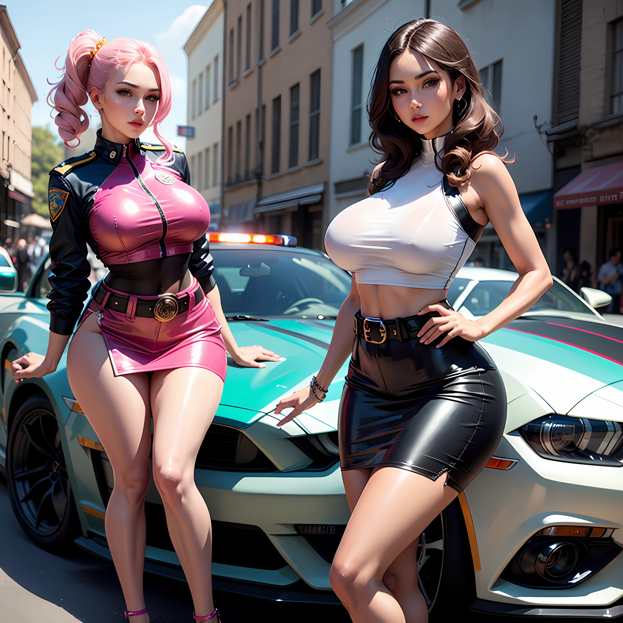 Sexy outfit women standing next to a car, wearing a sexy outfit, a pink dieselpunk policewoman, dressed in hot outfit, pink shiny short skirt, short clothes, outfit: cop, pink skinny costume, car, mustang, sexiest skirt with a belt, skintight shiny clothes, cosplay on sky blue mustang queen, realistic clothing and heel hyper realistic, sky, big breast, see through clothes,, skinny clothes --auto