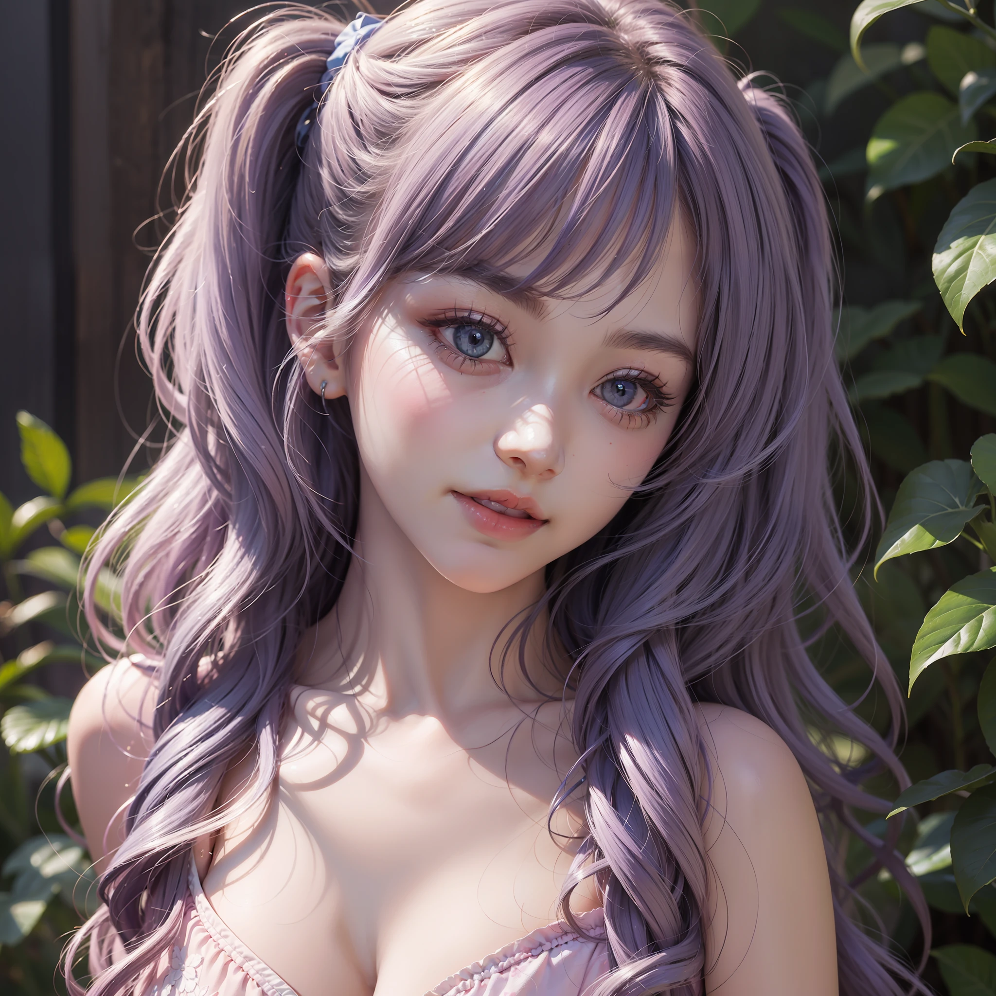 Colorful hair（Purple and blue gradient）、Twin-tailed、Pretty Woman、beautidful eyes、Wide open mouth、A refreshing smile、Soft skin type、pink nurse clothes、Official art、​masterpiece、Extremely delicate modeling、top-quality、Full body photo、Photorealsitic、8k picture、hiquality、large full breasts、Princess、Infant face（Rounded face）、natural soft light