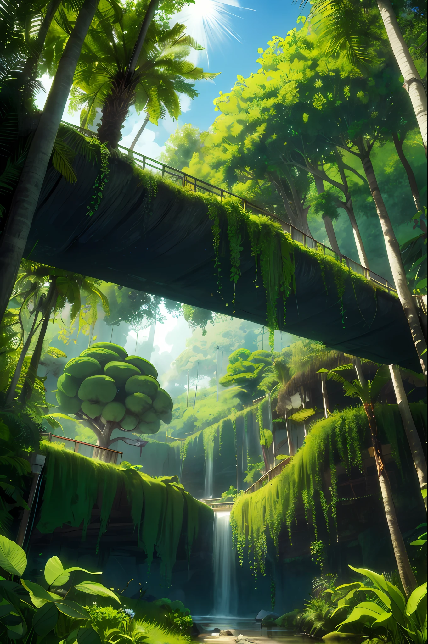 A stunning image of a breathtaking tropical jungle filled with majestic, majestic trees. The lush foliage adds depth and scale to the scene, while the dense, dense jungle floor adds a sense of height. The sun sets behind the majestic canopy, giving the scene a dreamy, otherworldly quality. fast shutter speed, HDR, wide aperture, wide-angle lens by Michael Kenna by Erik Johansson