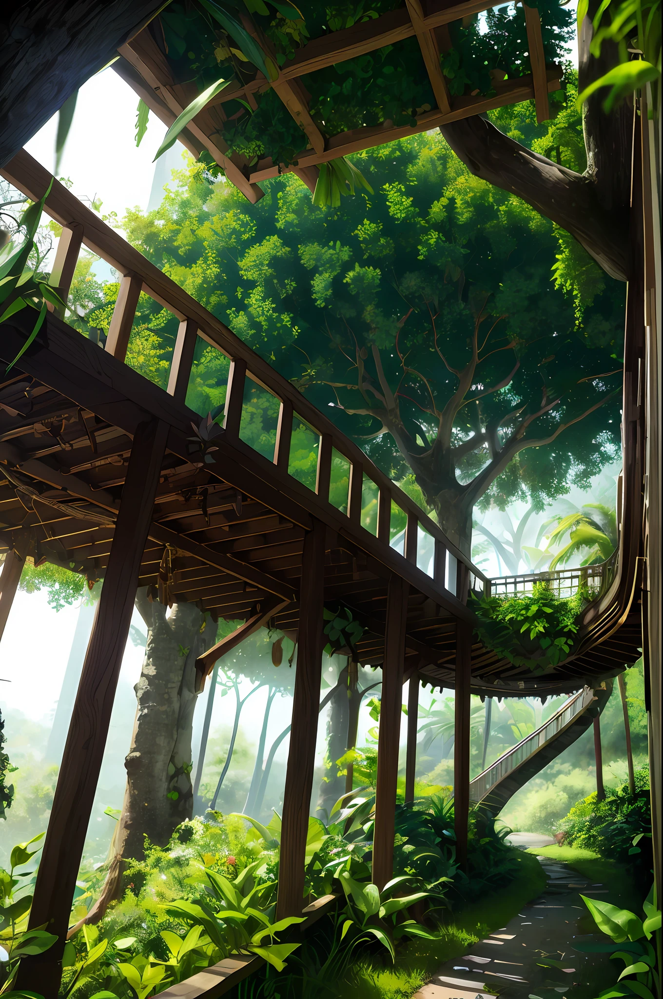 A stunning image of a breathtaking tropical jungle filled with majestic, majestic trees. The lush foliage adds depth and scale to the scene, while the dense, dense jungle floor adds a sense of height. The sun sets behind the majestic canopy, giving the scene a dreamy, otherworldly quality. fast shutter speed, HDR, wide aperture, wide-angle lens by Michael Kenna by Erik Johansson