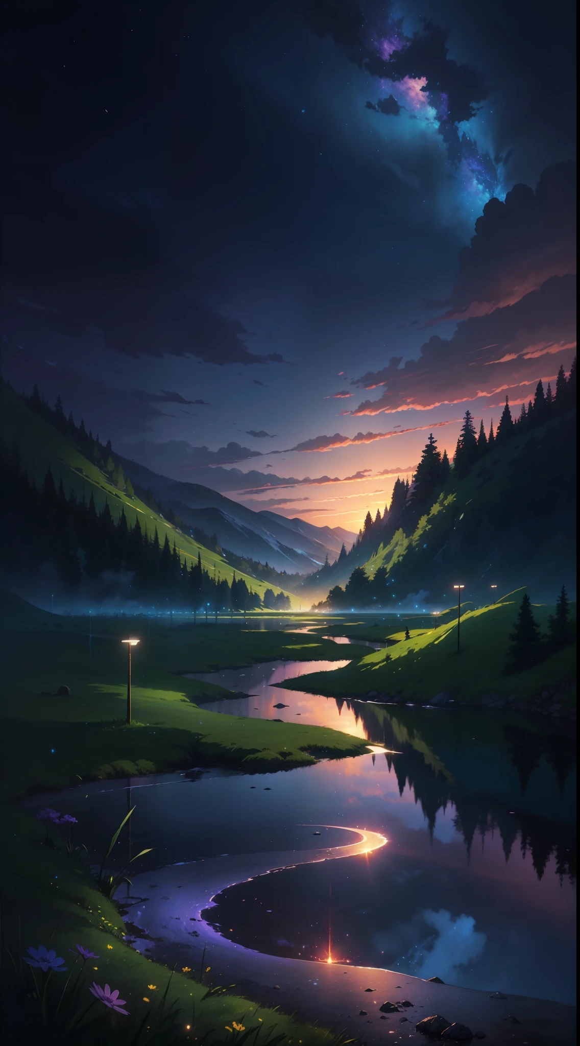 The picture is beautiful,well-illuminated。without humans。(((Estilo de Makoto Shinkai)),pixiv,Anime Paintings,High Picture Quality, Blue-violet sky, beautiful scence), (kosmos, The castle stands high on a mountain, magic realism, ((Makoto shinkai style)) ::0.8), [artistic atmosphere, Ambient:0.8, starrysky, moutains, snow mountains, Sparkling water surface, grassy fields, the trees, smog, Stars, low perspective, Specular scattering,