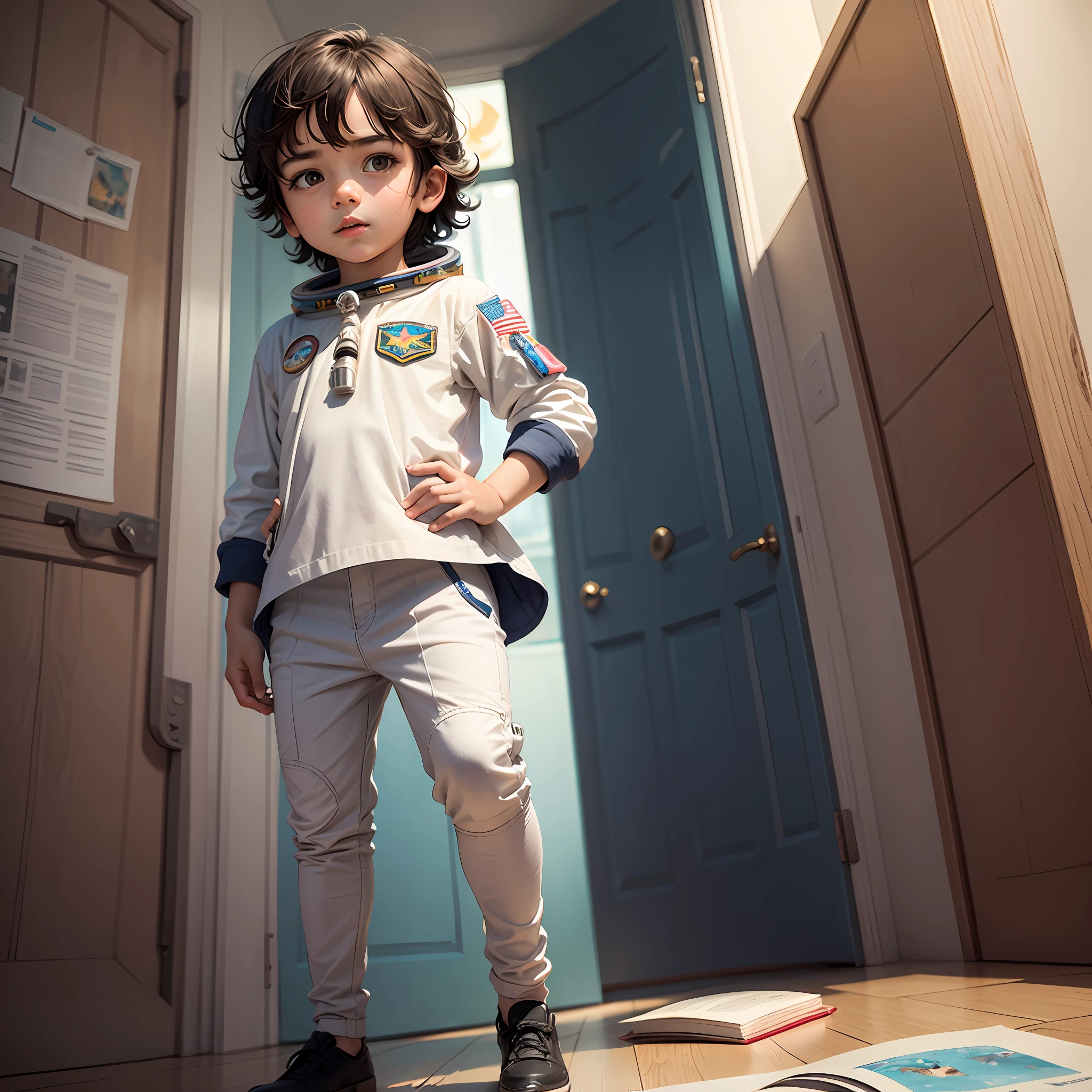 Um garoto pequeno com roupas de astronauta Desenho para livro infantil