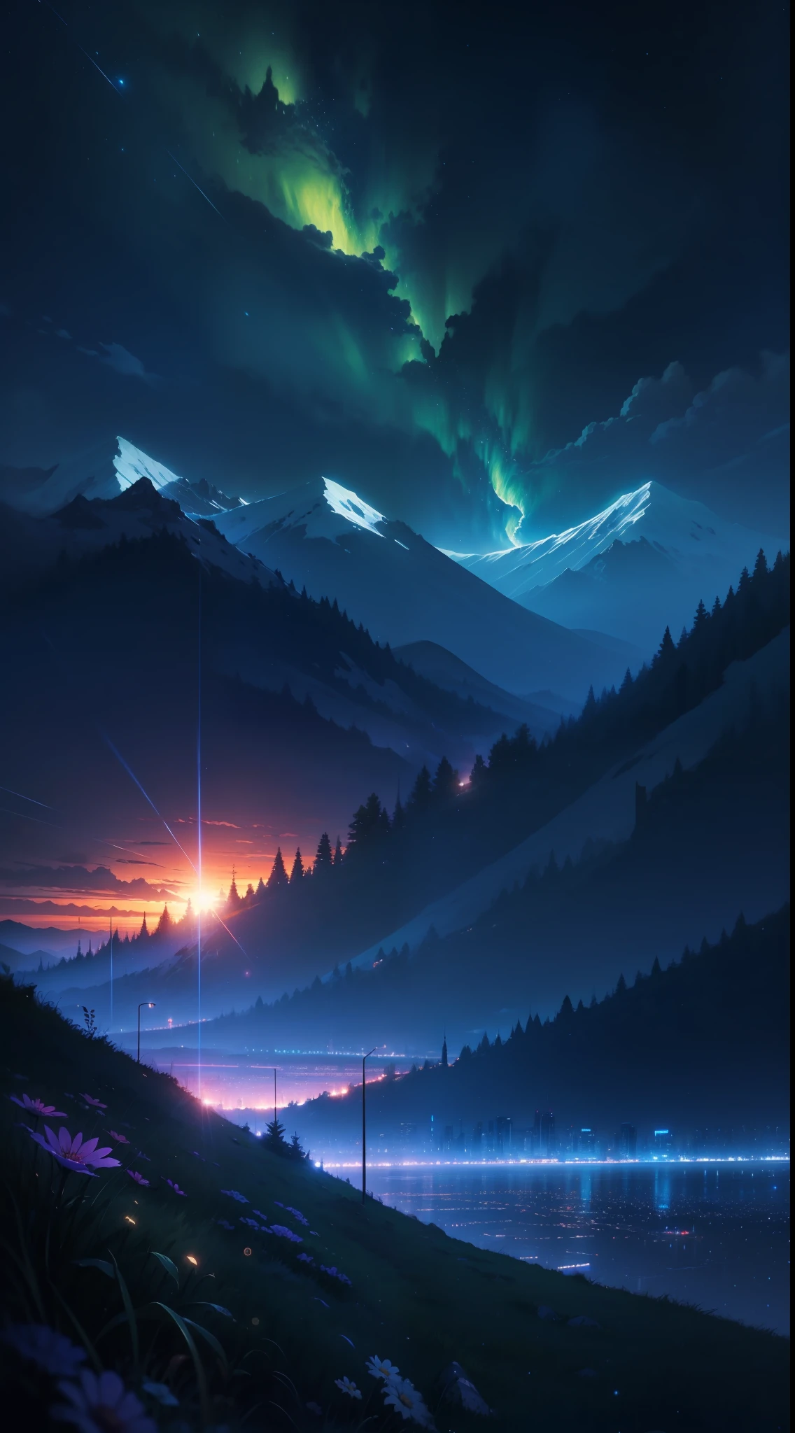 The picture is beautiful,well-illuminated。without humans。(((Estilo de Makoto Shinkai)),pixiv,Anime Paintings,High Picture Quality, Blue-violet sky, beautiful scence), (kosmos, The castle stands high on a mountain, magic realism, ((Makoto shinkai style)) ::0.8), [artistic atmosphere, Ambient:0.8, starrysky, moutains, snow mountains, Sparkling water surface, grassy fields, the trees, smog, Stars, low perspective, Specular scattering,