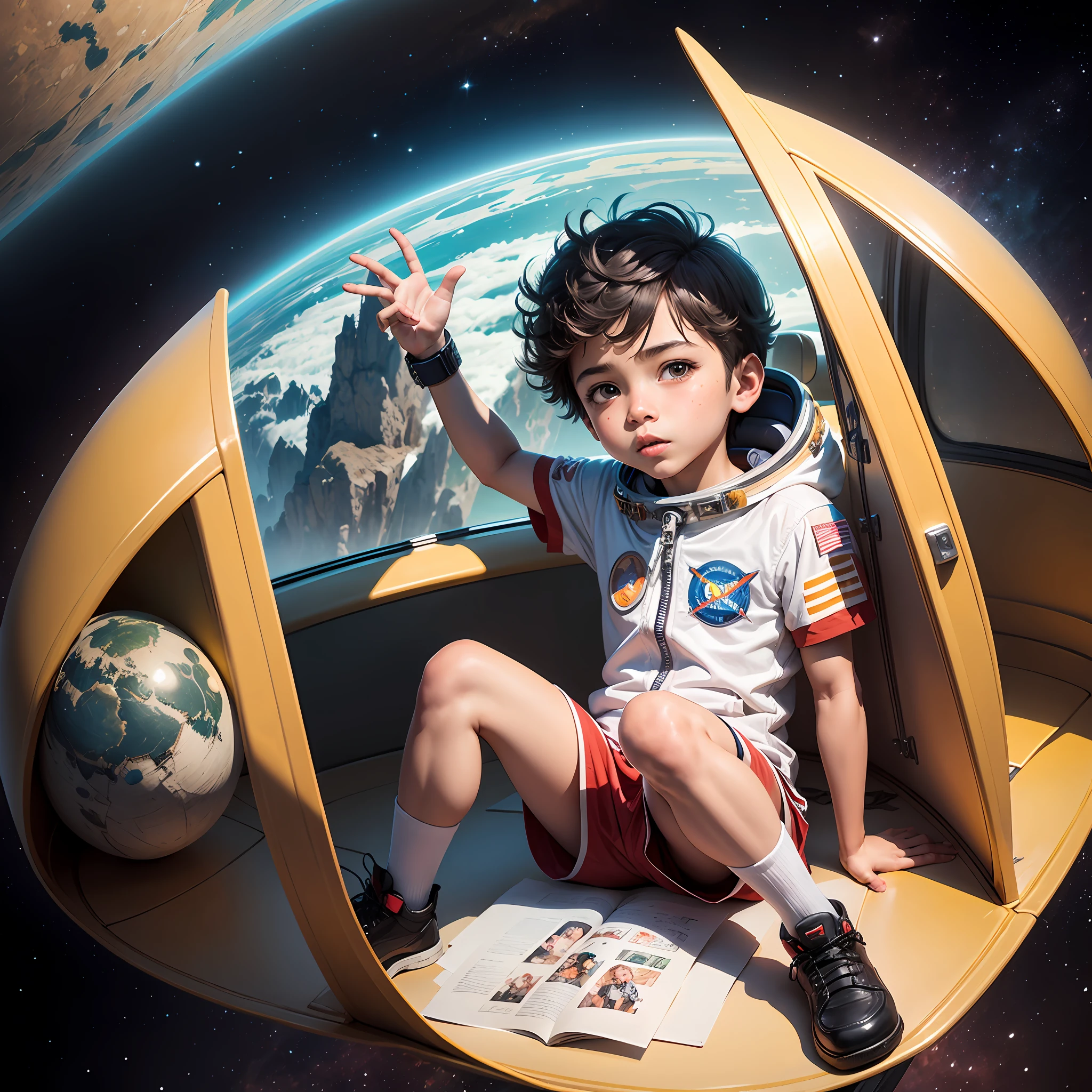 Um garoto pequeno com roupas de astronauta Desenho para livro infantil
