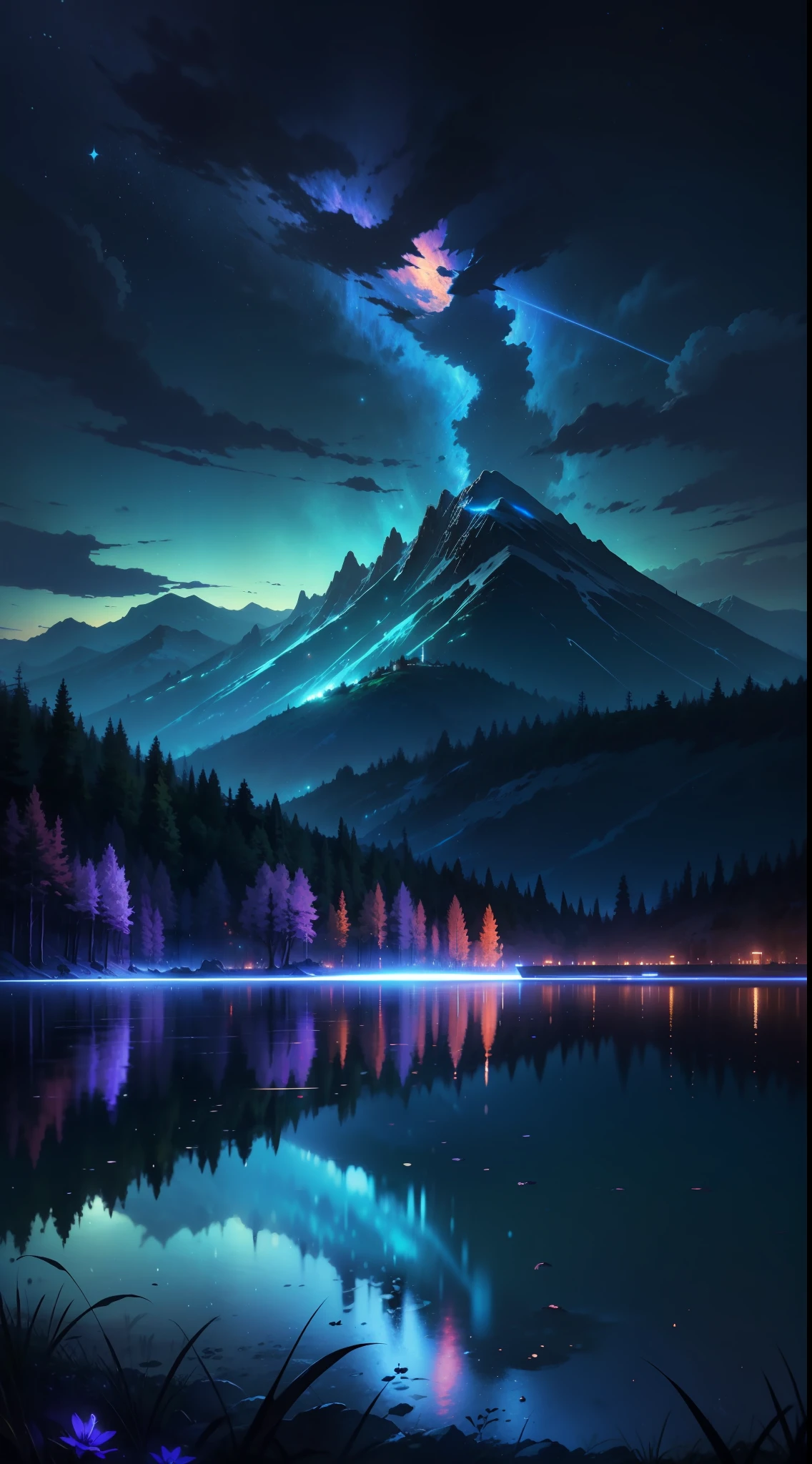 The picture is beautiful,well-illuminated。without humans。(((Estilo de Makoto Shinkai)),pixiv,Anime Paintings,High Picture Quality, Blue-violet sky, beautiful scence), (kosmos, The castle stands high on a mountain, magic realism, ((Makoto shinkai style)) ::0.8), [artistic atmosphere, Ambient:0.8, starrysky, moutains, snow mountains, Sparkling water surface, grassy fields, the trees, smog, Stars, low perspective, Specular scattering,