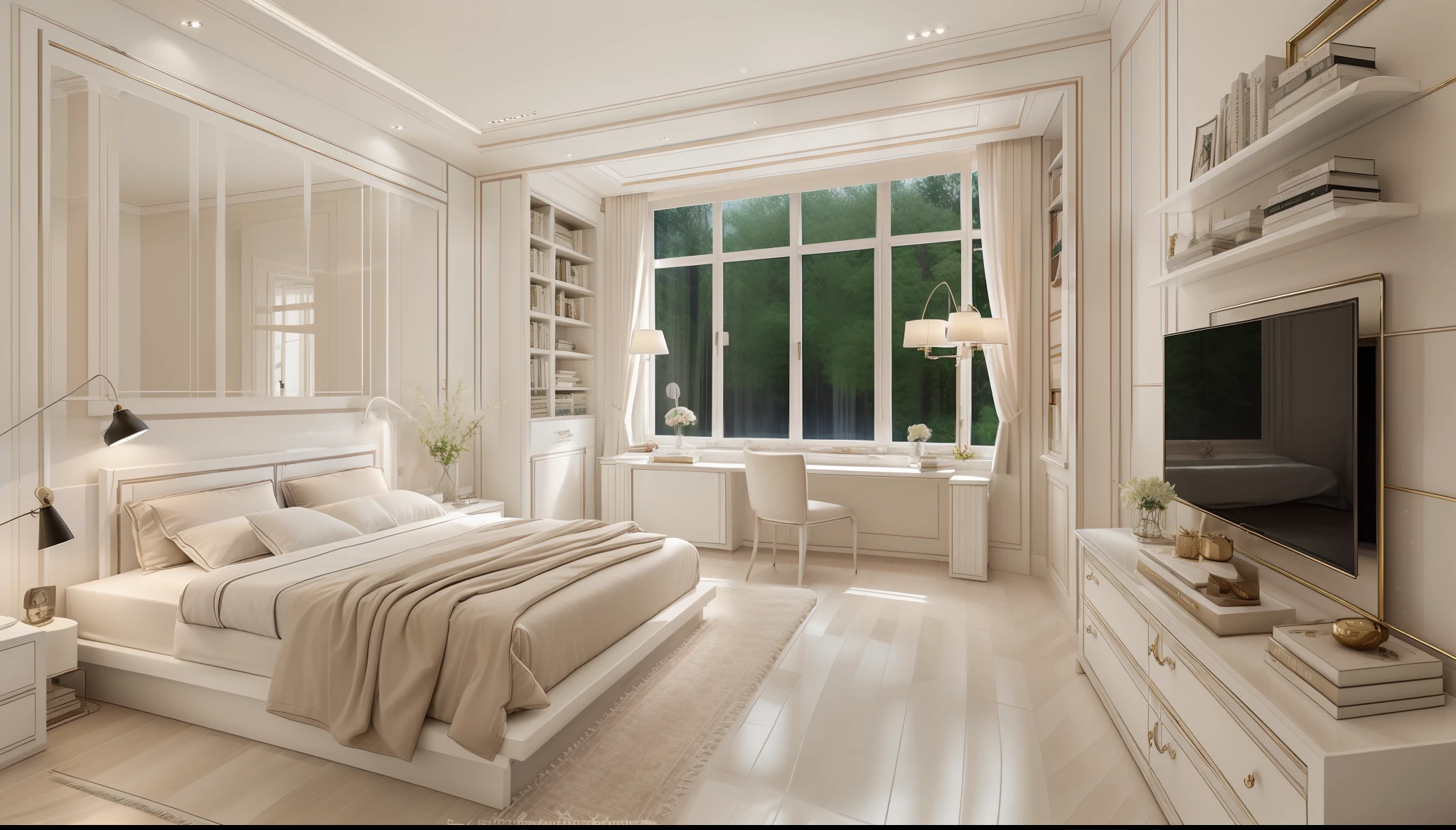 best quality, master picece, hyper detail, supper detail, best realistic, (classical bedroom, beautiful lighting, shimmering)|[dreamy:1.2+airy:0.9],((whiten tone:1.5))