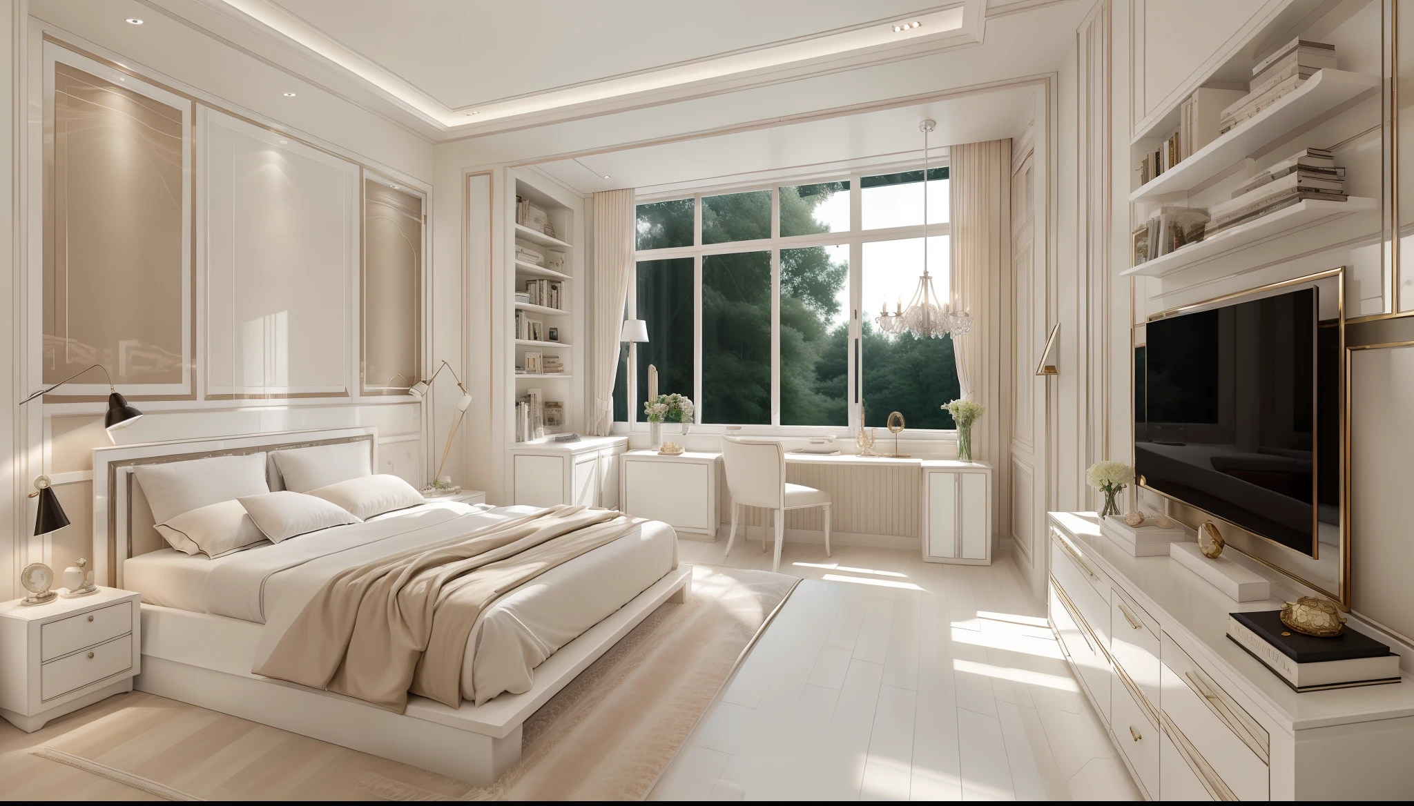 best quality, master picece, hyper detail, supper detail, best realistic, (classical bedroom, beautiful lighting, shimmering)|[dreamy:1.2+airy:0.9],((whiten tone:1.5))