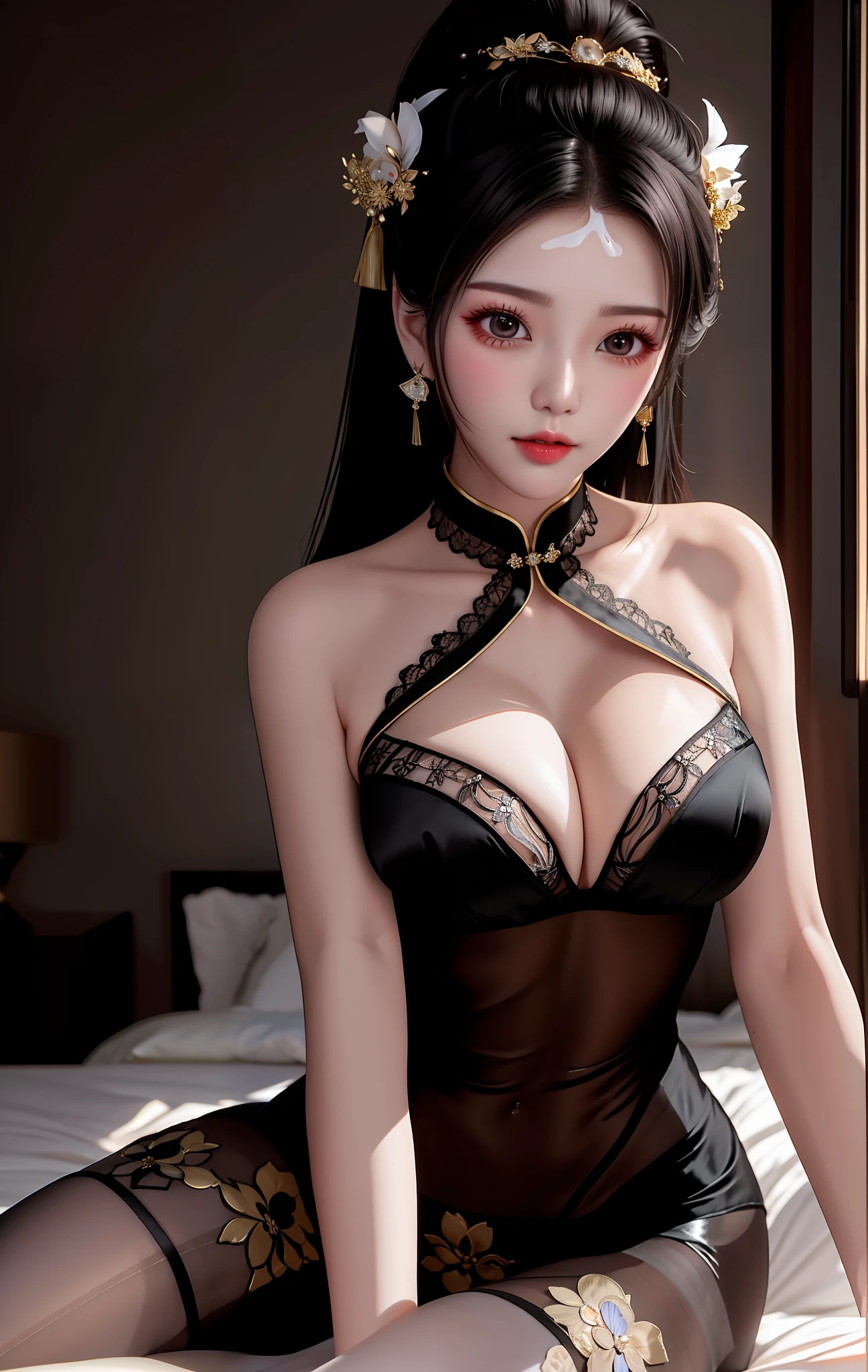 High ponytail，Pantyhose black silk，Leave lewd fluid in the lower body，The face is extremely shy，Mature intellect，Sexy and feminine，huge tit，Tall and tall，legs long，Korea，Lying on a red bed，Be red in the face，Gasping for air，cradling hands