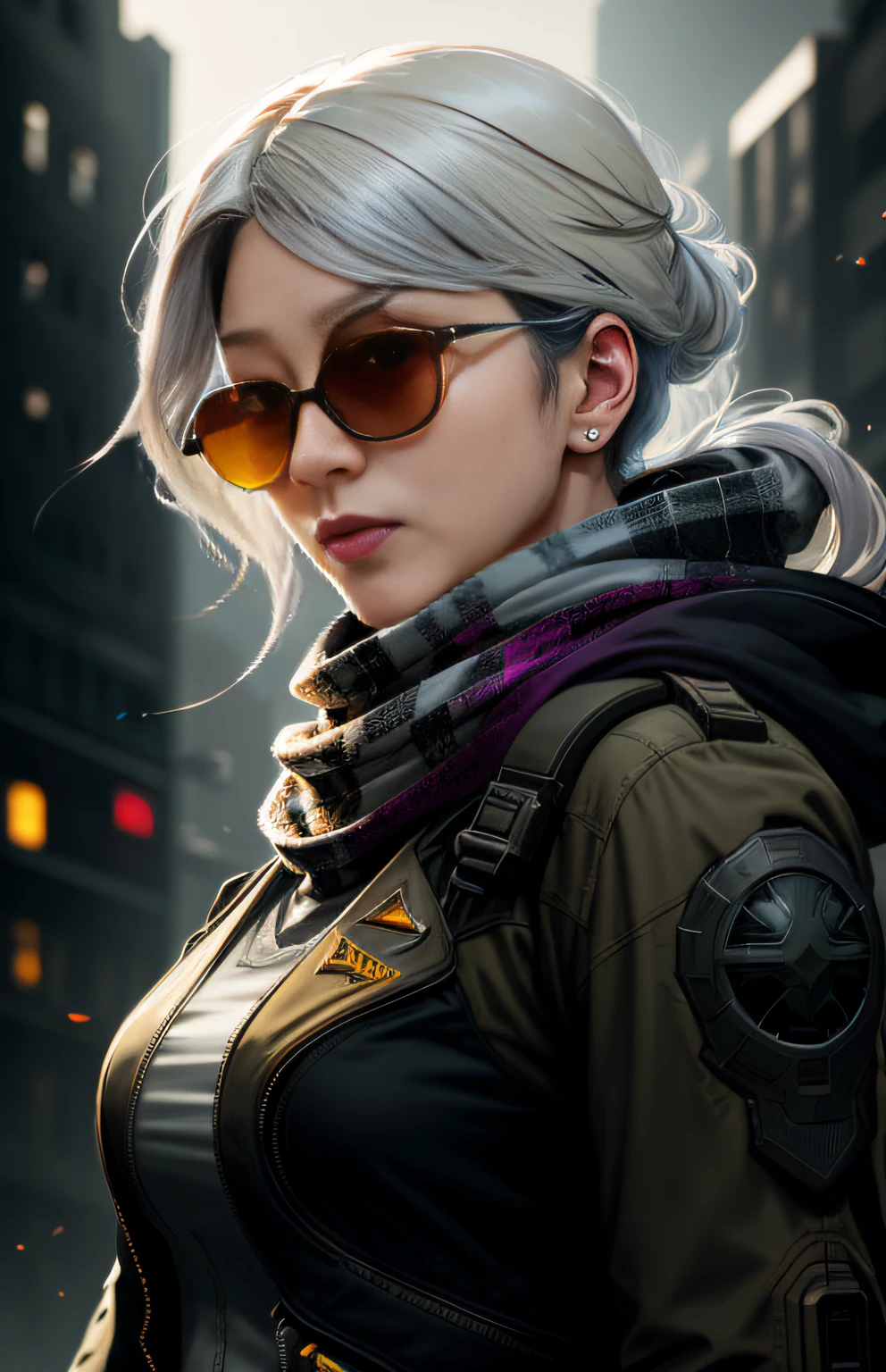(dark shot:1.1), epic realistic, portrait of halo, sunglasses, blue eyes, tartan scarf, white hair by atey ghailan, by greg rutkowski, by greg tocchini, by james gilleard, by joe fenton, by kaethe butcher, gradient yellow, black, brown and magenta color scheme, grunge aesthetic!!! graffiti tag wall background, art by greg rutkowski and artgerm, soft cinematic light, adobe lightroom, photolab, hdr, intricate, highly detailed, (depth of field:1.4), faded, (neutral colors:1.2), (hdr:1.4), (muted colors:1.2), hyperdetailed, (artstation:1.4), cinematic, warm lights, dramatic light, (intricate details:1.1), complex background, (rutkowski:0.66), (teal and orange:0.4)