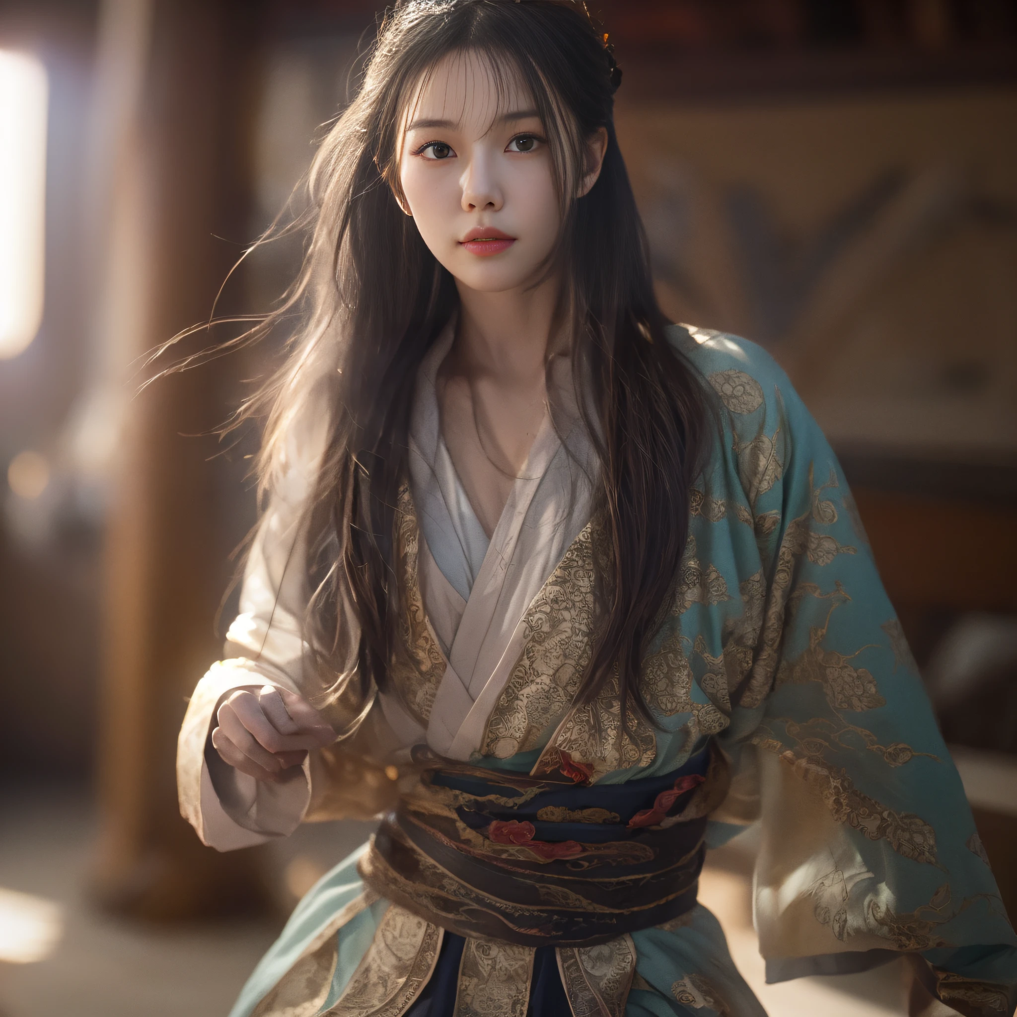 (RAW photo, Best quality), (Realistic, photo-realistic:1.3), Best quality, Highly detailed, Masterpiece, Ultra-detailed, illustration, 1girll, The upper part of the body_Body, Dynamic Angle, world mastery theater, Messy_Long_Hair,Best quality, extremely detailed CG unity 8k壁纸，ink，astounding，电影灯光，lens_flare，dunhuang_Style，flowy，Light work，Kungfu，long whitr hair，lightand shade contrast，Strong light，opulent，((Bright clothes)), swordsmen