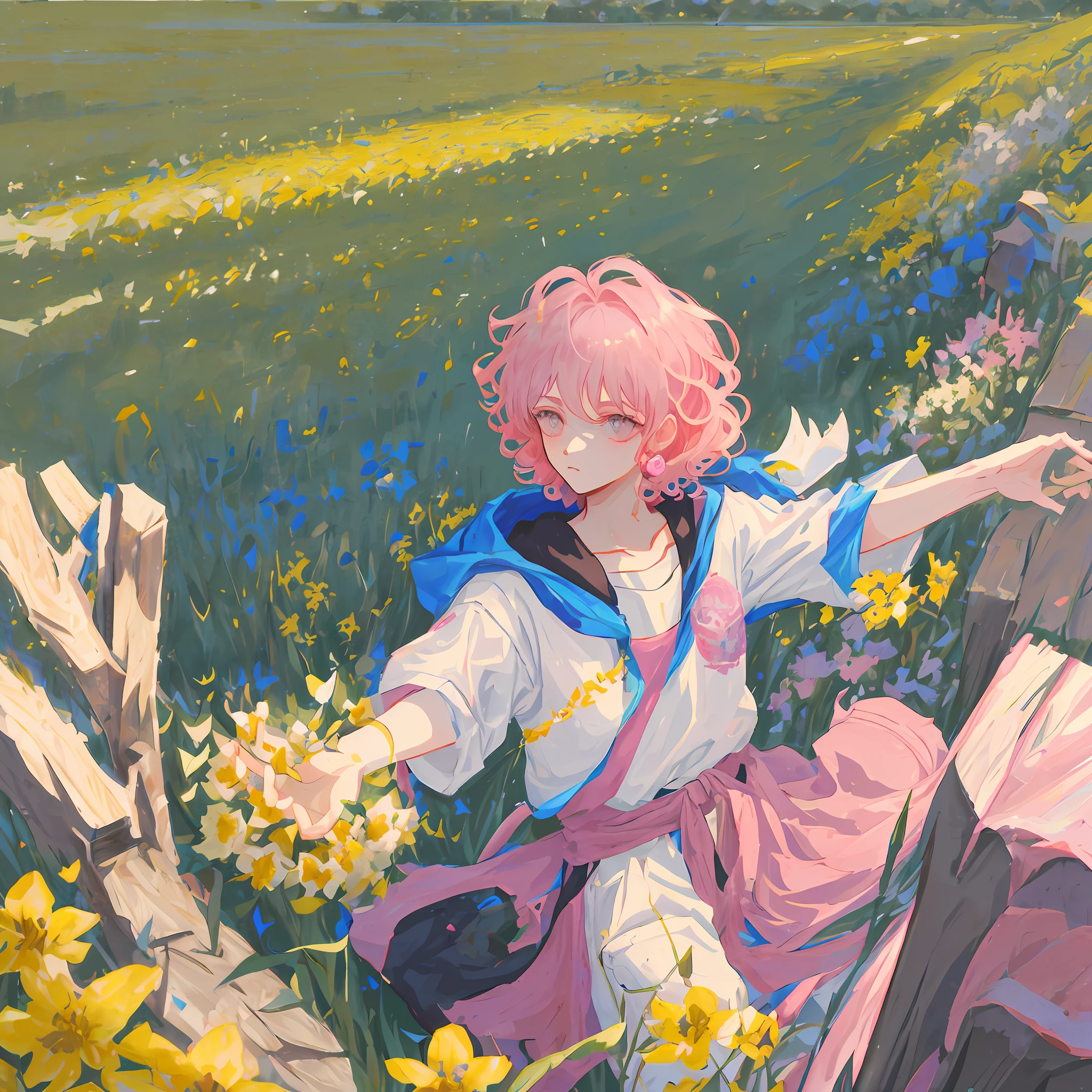 Seventeen years old boy, with a pink and curly hair, He's wearing white clothes, that makes him looks like an estudant, He has an vaccine in his hand, he's on a field with pink and yellow flowers. Anime style
