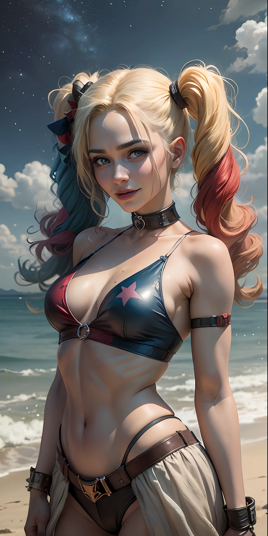 stars, movie, a gorgeous Harley Quinn standing on sand wind in the hair, happy posing, stars, movie