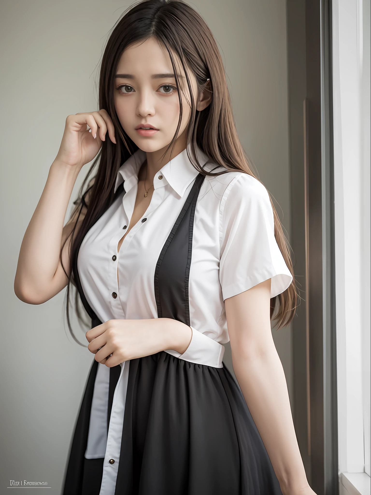 White shirt,Black dress