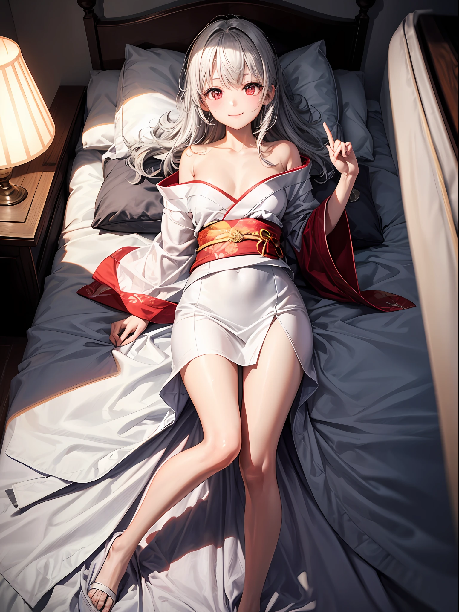 top-quality、1girl in,Gray hair、Longhaire、Wave Winding、a small face、light skinned、小柄、red eyes、Red cheeks、put index finger on mouth、Smile white kimono dress:1.3、Open chest、Shoulder out:1.4、skinny legs、View here、Angle from diagonally above、natta、Dark hotel room、Lie on your back on the bed:1.6、open one's legs、Background blur、​masterpiece