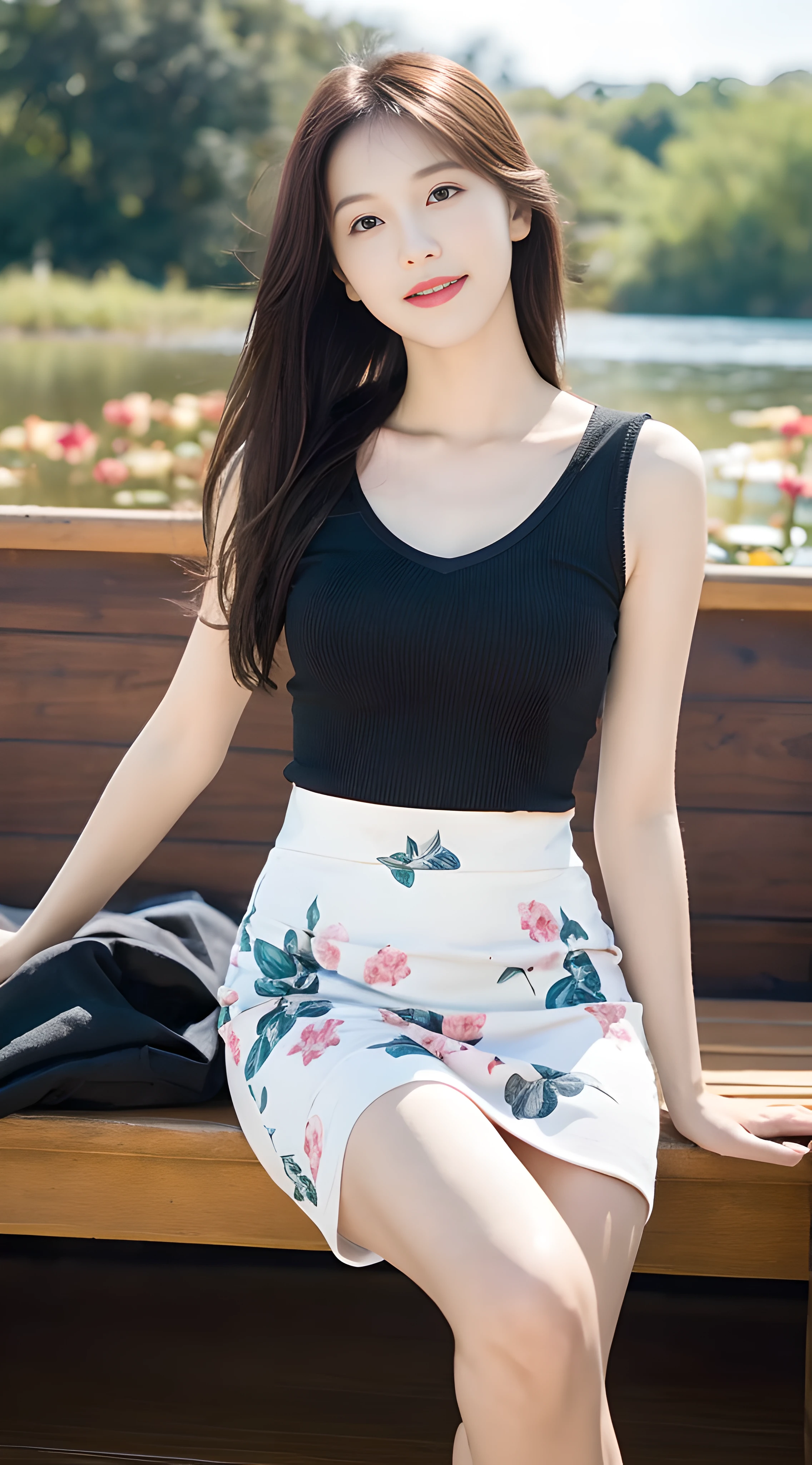 ((Best Quality, 8K, Masterpiece: 1.3)), Focus: 1.2, High School Girl, Motorcycle Pilot, Perfect S-Shaped Body, (Firm Eyes) (Cute), Delicate Face, Long Hair Waist Length, Long Hair Flowing, Tilted Head, Smile, Hair Details, Delicate Full Body Portrayal, Delicate Face Portrayal, Best Image Quality, High Resolution, Detailed Background, Delicate Description, Exquisite Details, Rich Details, Face Enhancement, (Black Long Top, Floral Midi Skirt), Blue Sky and White Clouds, Lotus, Lotus Leaf, Sitting on a wooden boat, willow technique, lotus pond background, no eye bags under the eyes