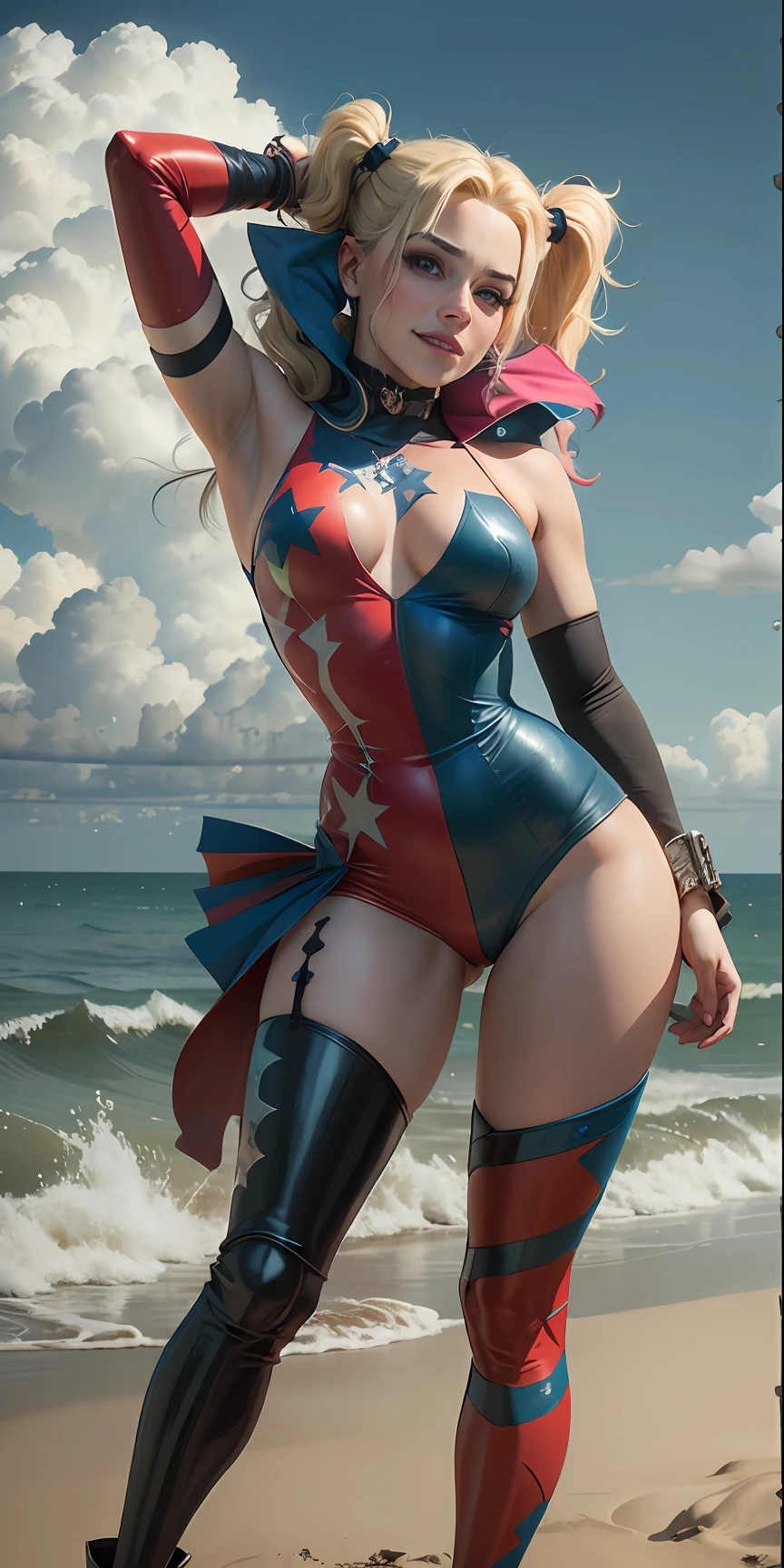 star movie, a gorgeous Harley Quinn standing on sand wind in the hair, happy posing