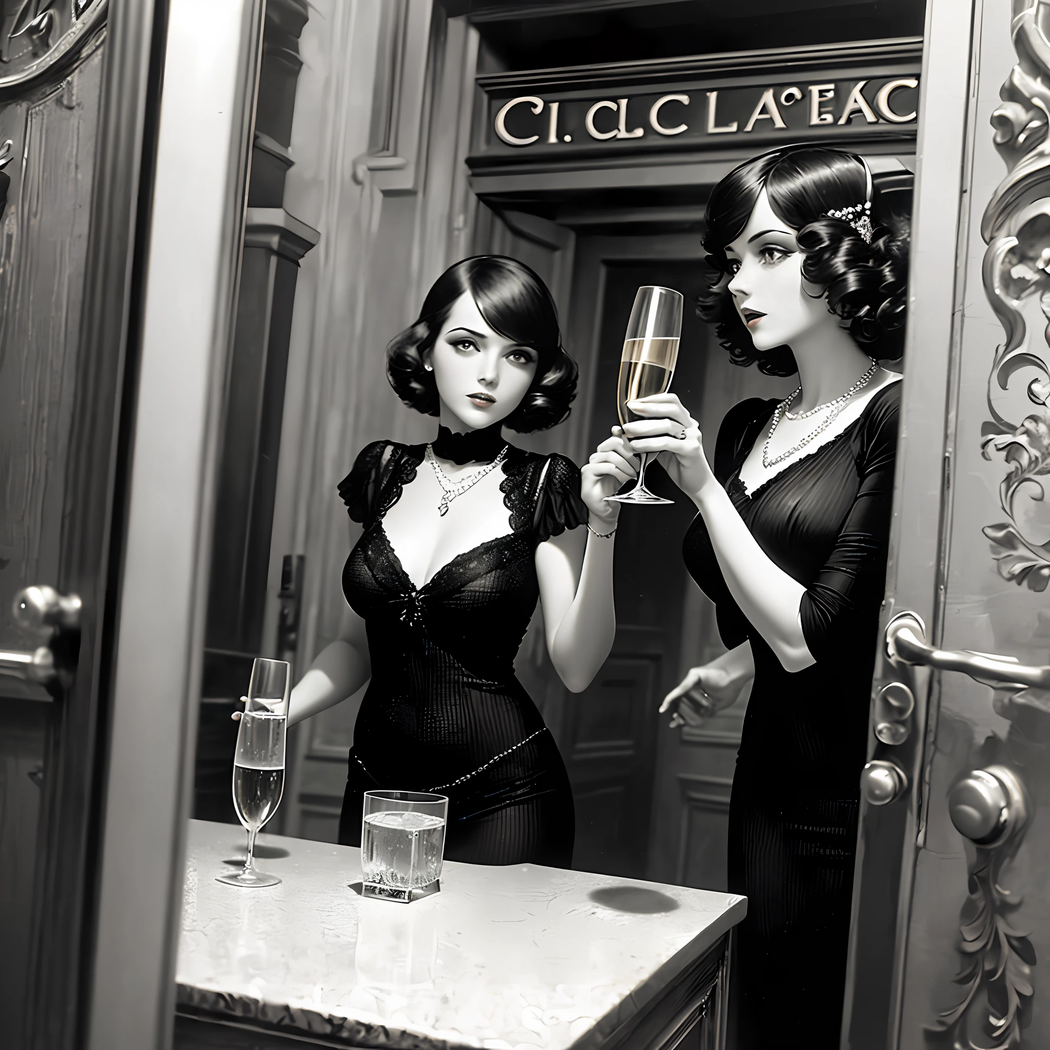 (masterpiece) Vintage photo, (film-noir), (Classy and Elegant), 1920's style, (Black c1920's dress:1.2), pearl neclace, wavy hair, (drinking champagne:1.2), next to the entrance of a (speakeasy:1.1).