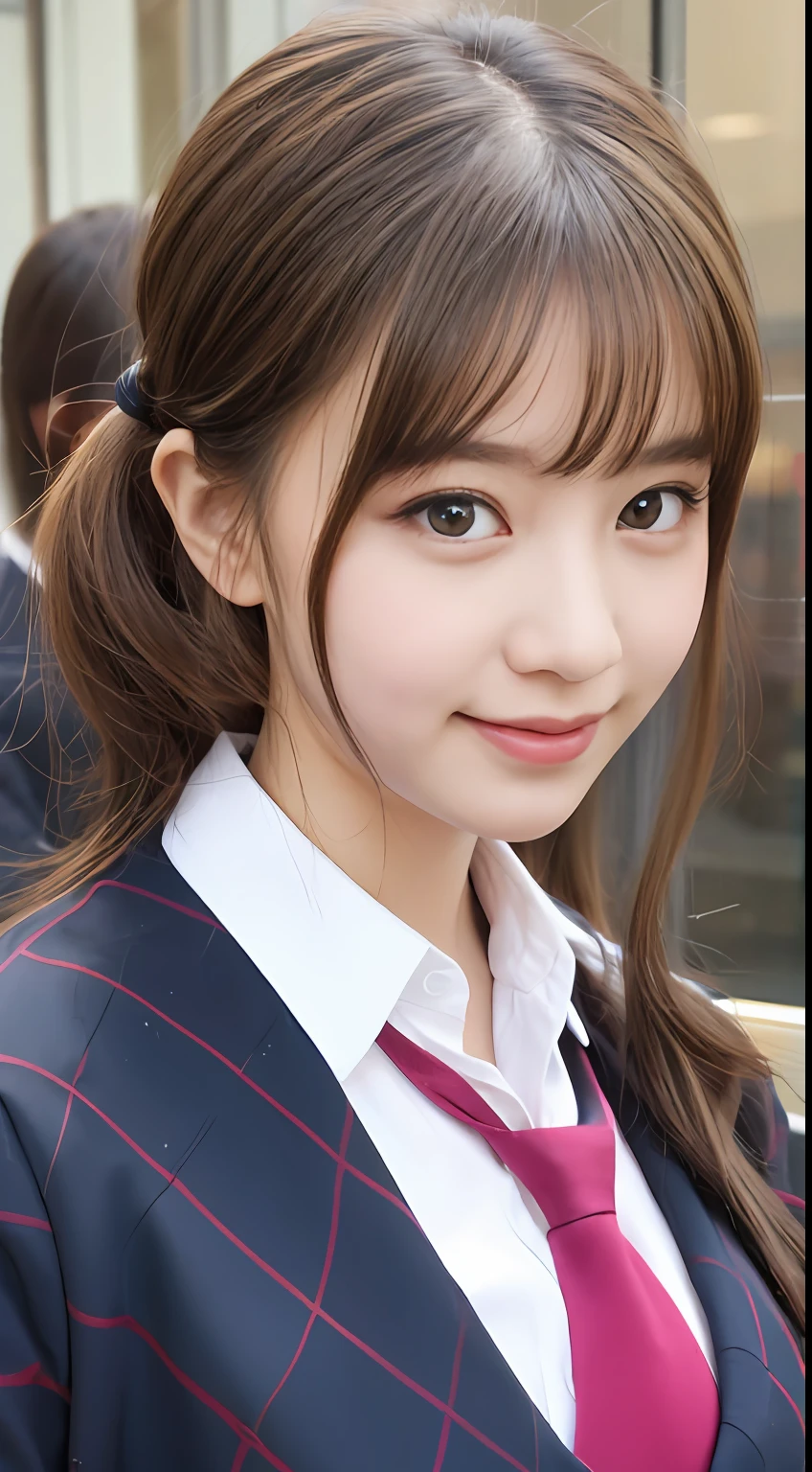 Highly detailed 8k wallpaper), sharp focus, detailed, dramatic, delicate and beautiful schoolgirl, sheer white shirt, tie, dark blue pleated micro mini, light brown hair, smooth pigtails, sexy, smile, peeking at the viewer, beautiful graphics, bright school building, full of students, showing the whole body,.