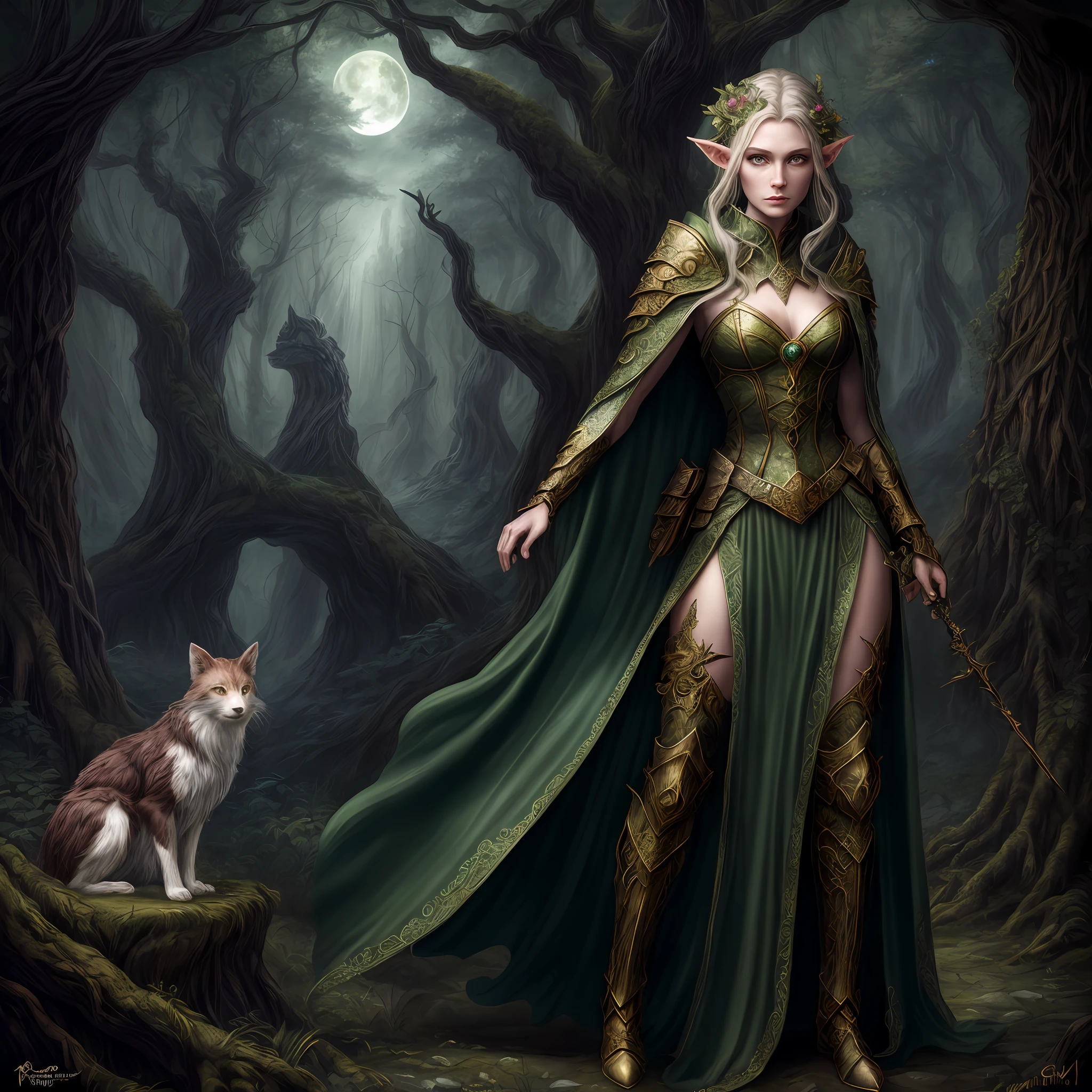 fantasy art, dnd art, (masterpiece:1.5), full body intricate details, highly detailed, best quality, highres, portrait of a female, elf (1.6, fantasy art, Masterpiece, best quality) druid playing with forest animals (1.4 intricate details, fantasy art, Masterpiece, best quality) with a short brown hair, green eyes, (fantasy art, Masterpiece, best quality)armed a staff, green cloak, flowing cloak (1.4 intricate details, fantasy art, Masterpiece, best quality), leather armor (1.4 intricate details, fantasy art, Masterpiece, best quality), in fantasy setting forest at night, moon, clouds, soft light, cinematic light, high details, best quality, highres, 1080P, 8k, ((anatomically correct)), photorealistic