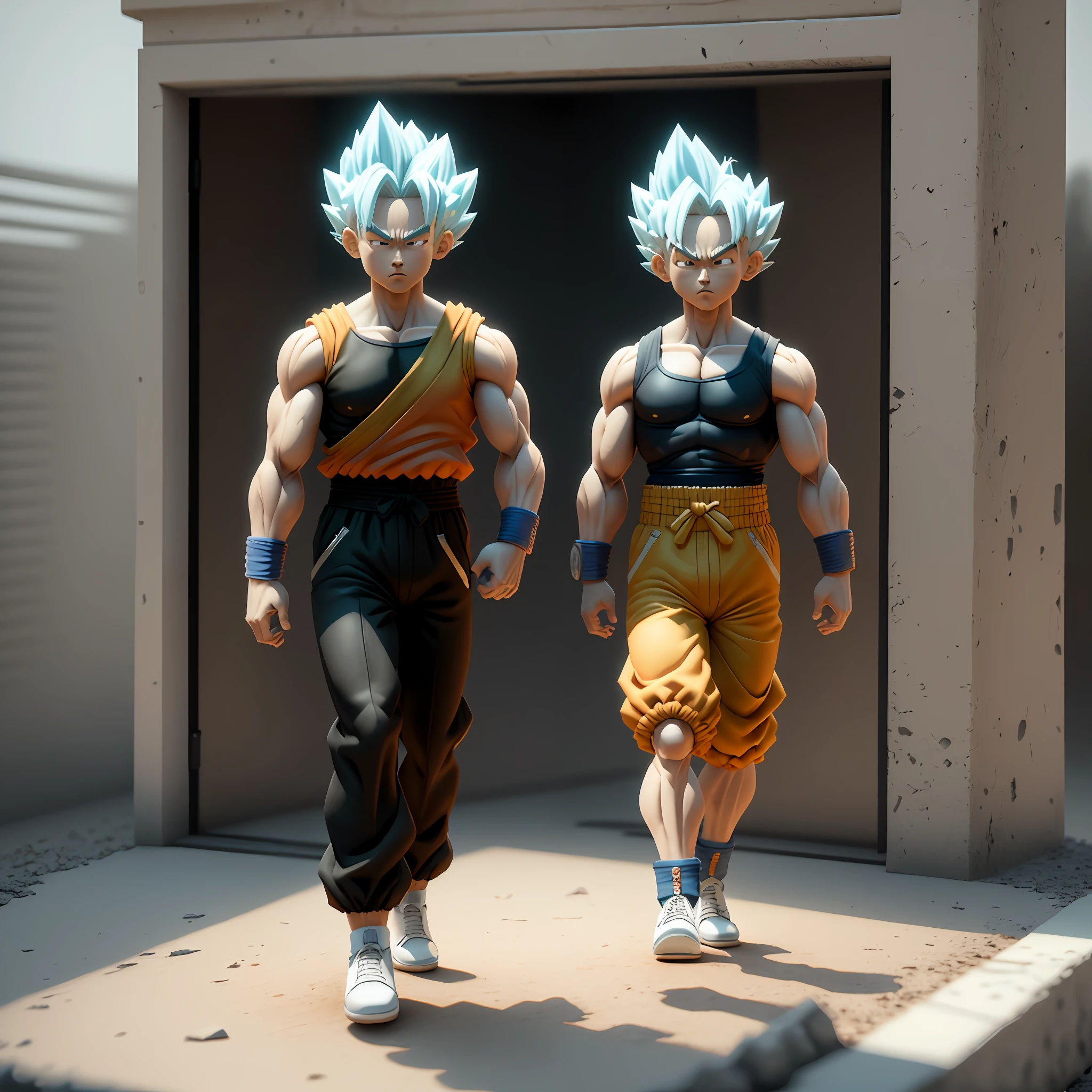 Goku, super saiyan, exquisite hair, arm depiction, white and blue hair body, exquisite shoes, eye depiction, exquisite hair, popmart blind box, clay texture, stepping on the land, black and white background, natural lighting, most good quality, super detail, 3D art, c4d, OC renderer, 3D rendering, 8k