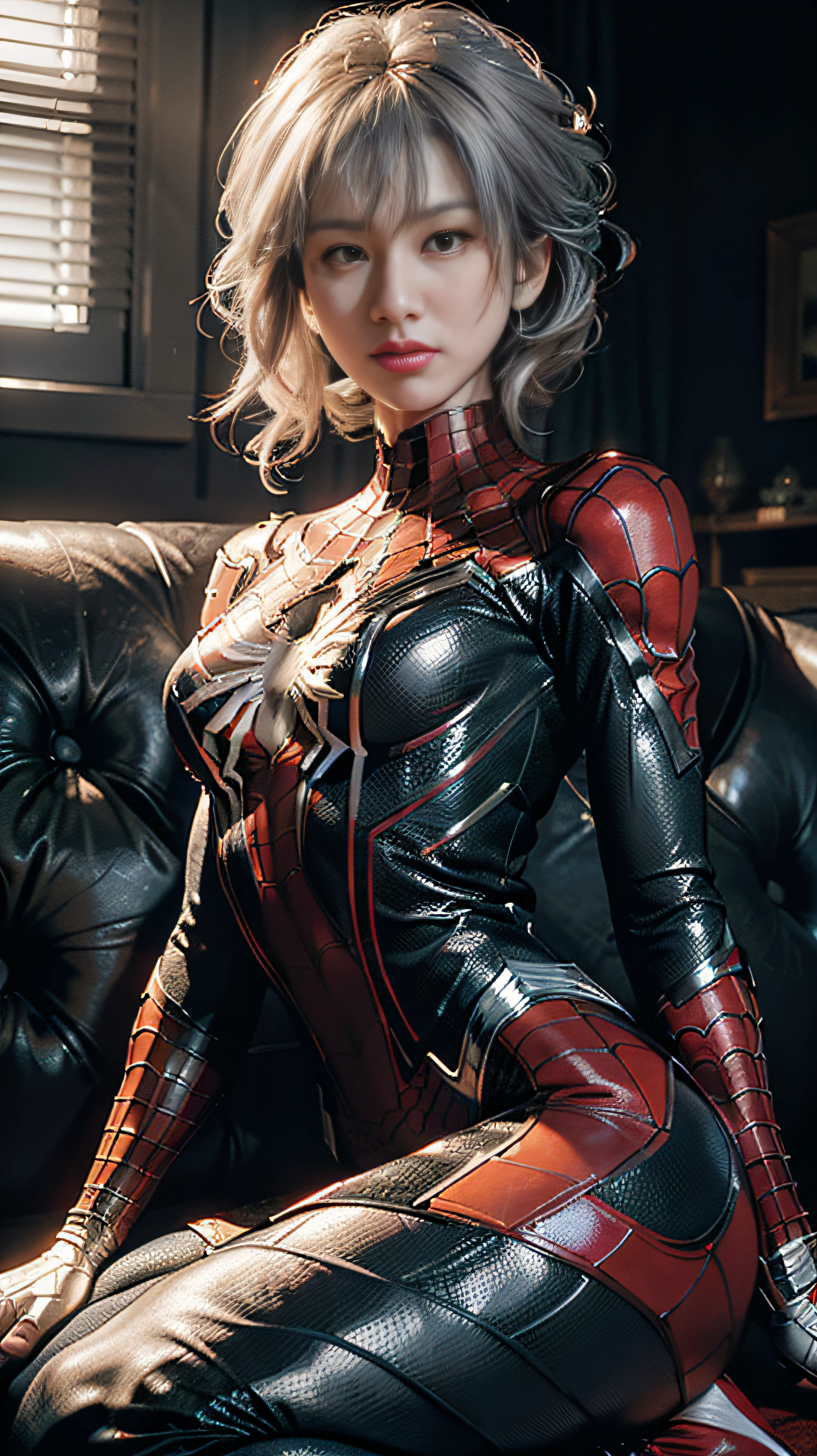 (Extreme Detail CG Unity 8K Wallpapers,tmasterpiece,Highest image quality),(Delicate light and shadow,The picture is highly dramatic,Cinematic lens effect),A girl in a white Spider-Man costume,Silver-gray hair color,From the Spider-Man parallel universe,Wenger,Marvel,Spidey,sitting in the couch,dynamicposes),(Exceptional detail,The lighting effect is outstanding,Vista wide angle),(Excellent rendering,Enough to stand out from the crowd),The focus is on the white Spider-Man costume,Complex spider textures,ssmile,Spit out smoke