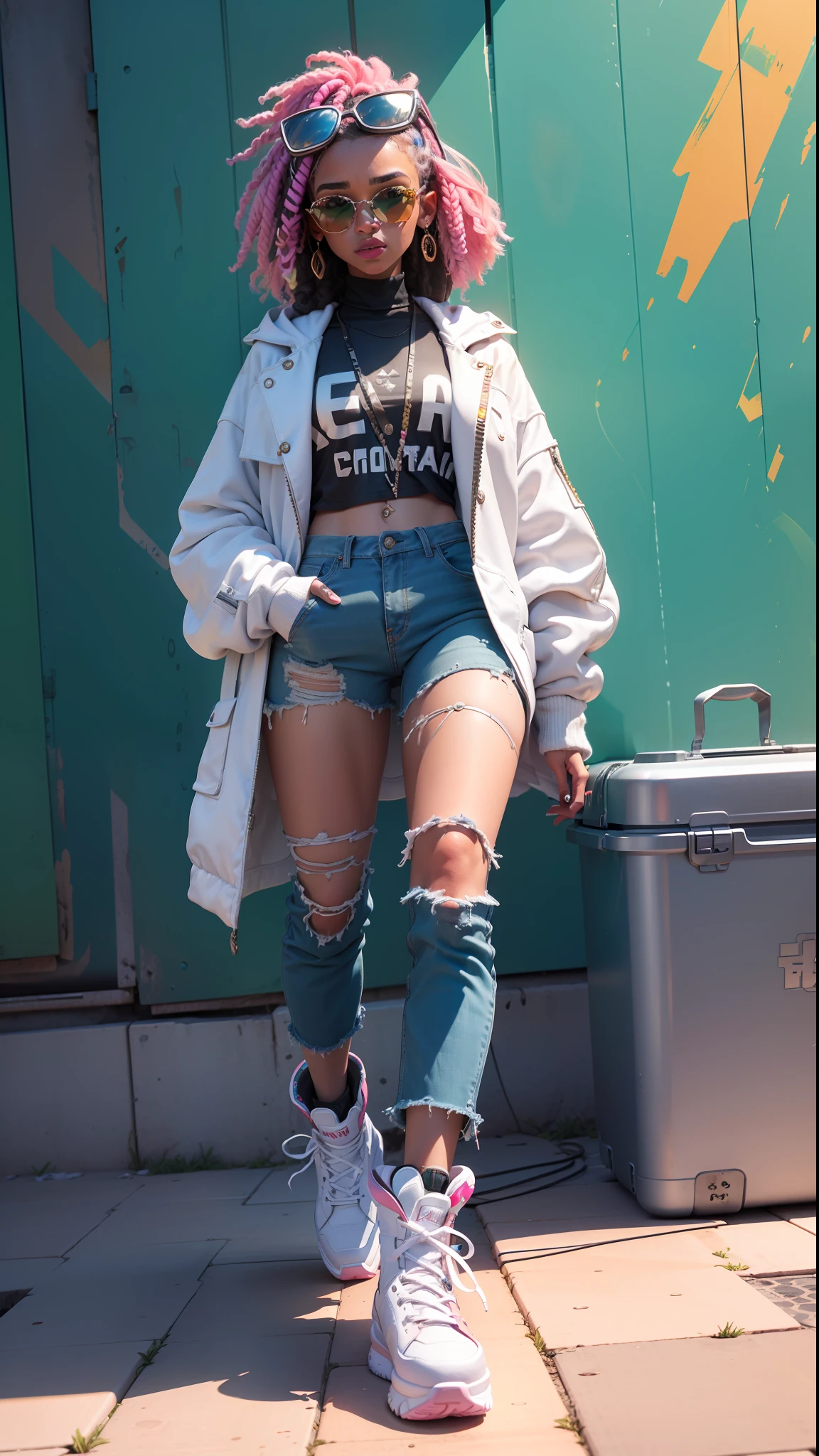 ((Melhor qualidade)), ((obra-prima)), (altamente detalhado:1.3), 3D, is a young woman wears pink clothes, branco, de origem afrodescendente, que se destaca por seu estilo fashionista. Ela veste um casaco de couro descolado, ripped jeans and stylish boots. Your sunglasses complete the modern look, representa a moda e a autenticidade, transmitting confidence and style without losing elegance, HDR (High Dynamic Range), Ray Tracing, NVIDIA RTX, Super-Resolution, Unreal 5, Subsurface scattering, PBR texturing, Post-processing, anisotropic filtering, Profundidade de campo, Maximum clarity and sharpness, Texturas mult