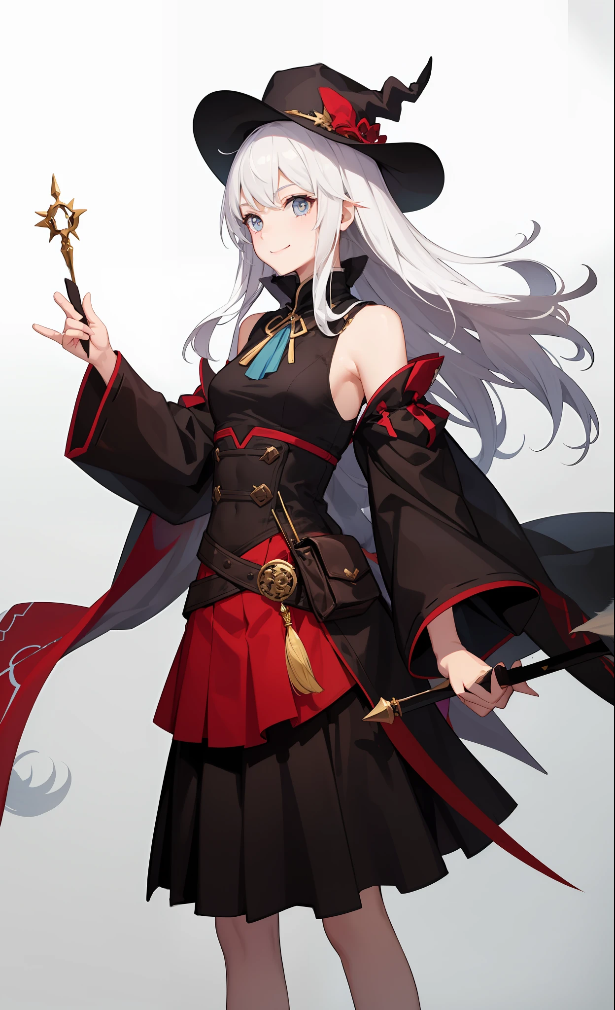 1girl in、A smile、The shirt、Blouse、skirt by the、(small tits)Chilarism、movement、Hats、cloaks、magic wands、Sorcerer、white hair、