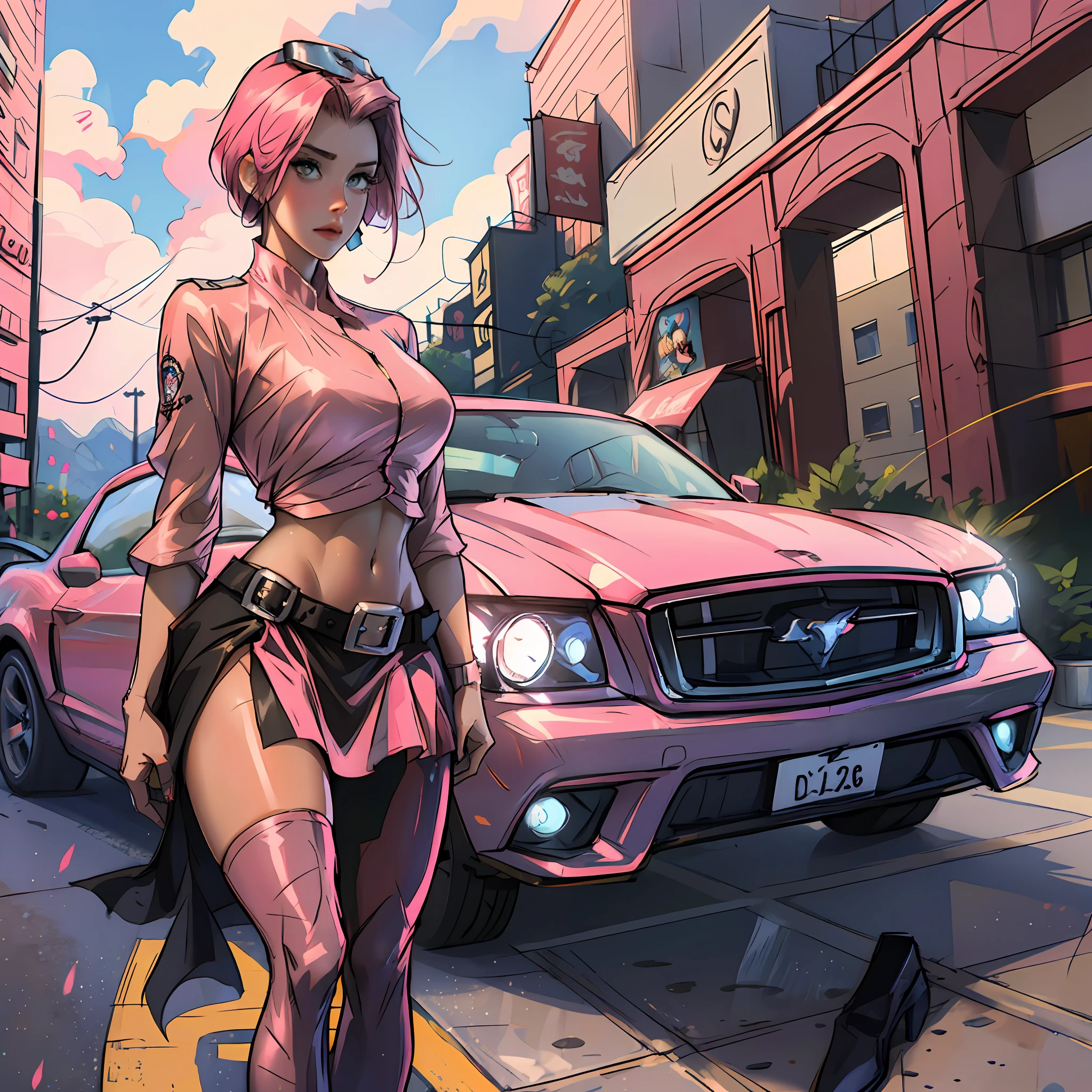 Sexy outfit women standing next to a car, wearing a sexy outfit, a pink dieselpunk policewoman, dressed in hot outfit, pink shiny short skirt, short clothes, outfit: cop, pink skinny costume, car, mustang, sexiest skirt with a belt, skintight shiny clothes, cosplay on sky blue mustang queen, realistic clothing and heel hyper realistic, sky, big breast, see through clothes,, skinny clothes --auto