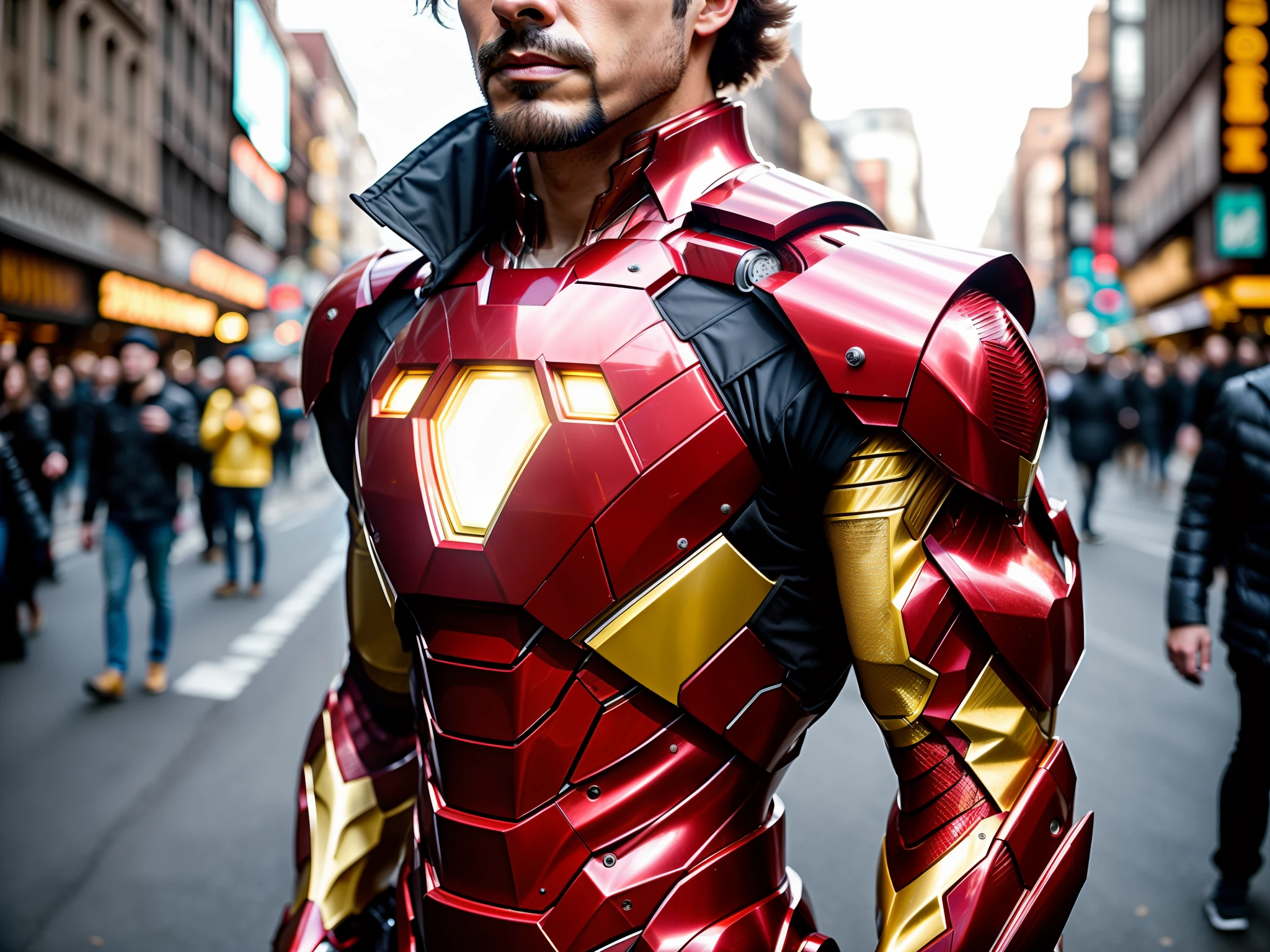 close up, one man wearing an immaculately detailed [red|golden] weird future fashion transparent plastic intricate iron man armor with golden color accents, golden exposed circuitry and embroidery, head visible, with detailed side shaved long punk hairstyle, smirking, extremely detailed face, brown eyes, standing next to a crowded new york city street parade celebration, cinematic photography, low contrast, overcast, hdr, raw photograph