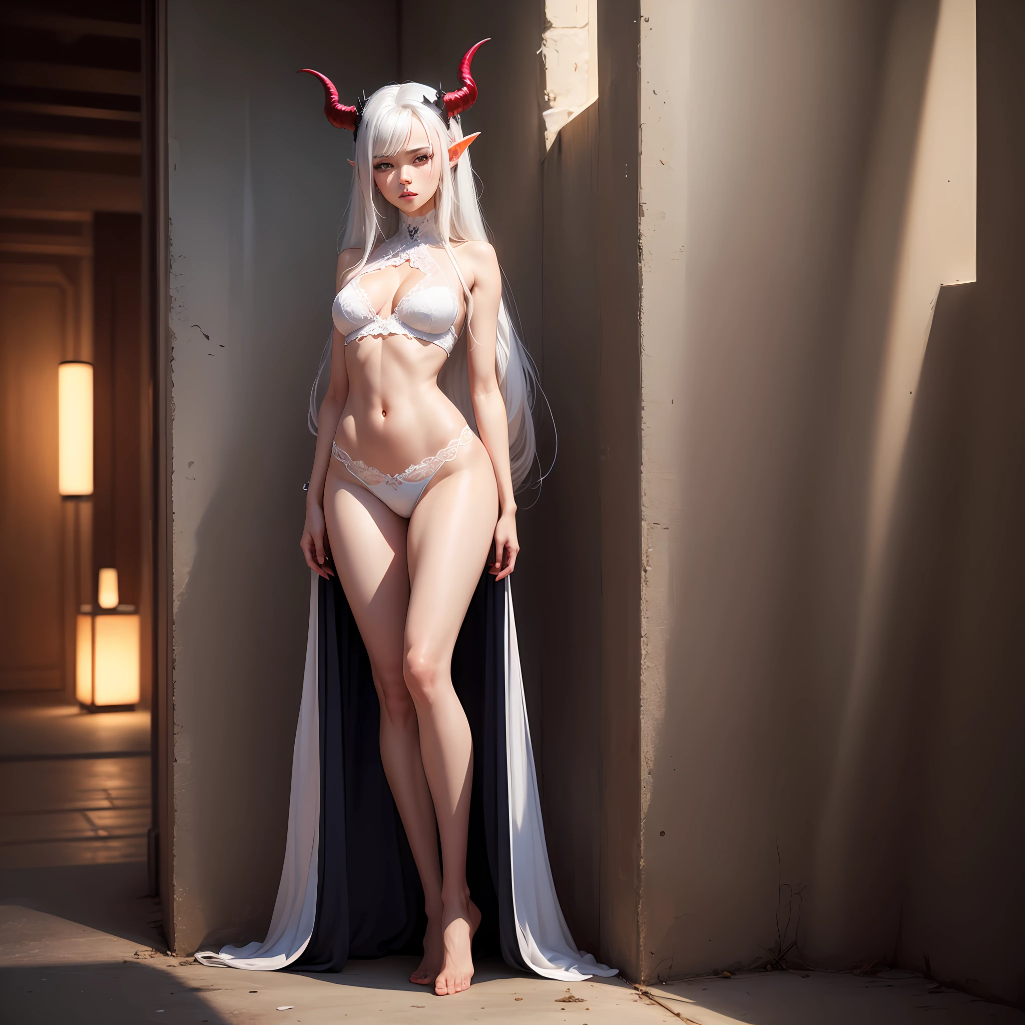 Barefoot, Perfect female body, tight lace,absurderes, White hair, Very long hair, devil horns, Red eyes, long eyelasher, surrealism, High detail, shadowing,, Masterpiece, Textured skin, High details, High quality, Best quality, 4K, 8K, 16k Korean stars temptation,coda --auto