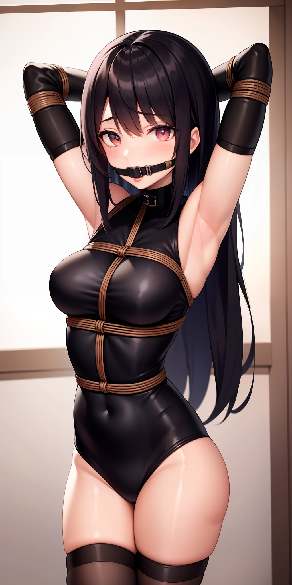 arms behind head, long_hair, looking_at_viewer, thighhighs, bow, bound, bdsm, bondage, rope, restrained, gag, shibari, bound_arms, ball_gag, shibari_over_clothes