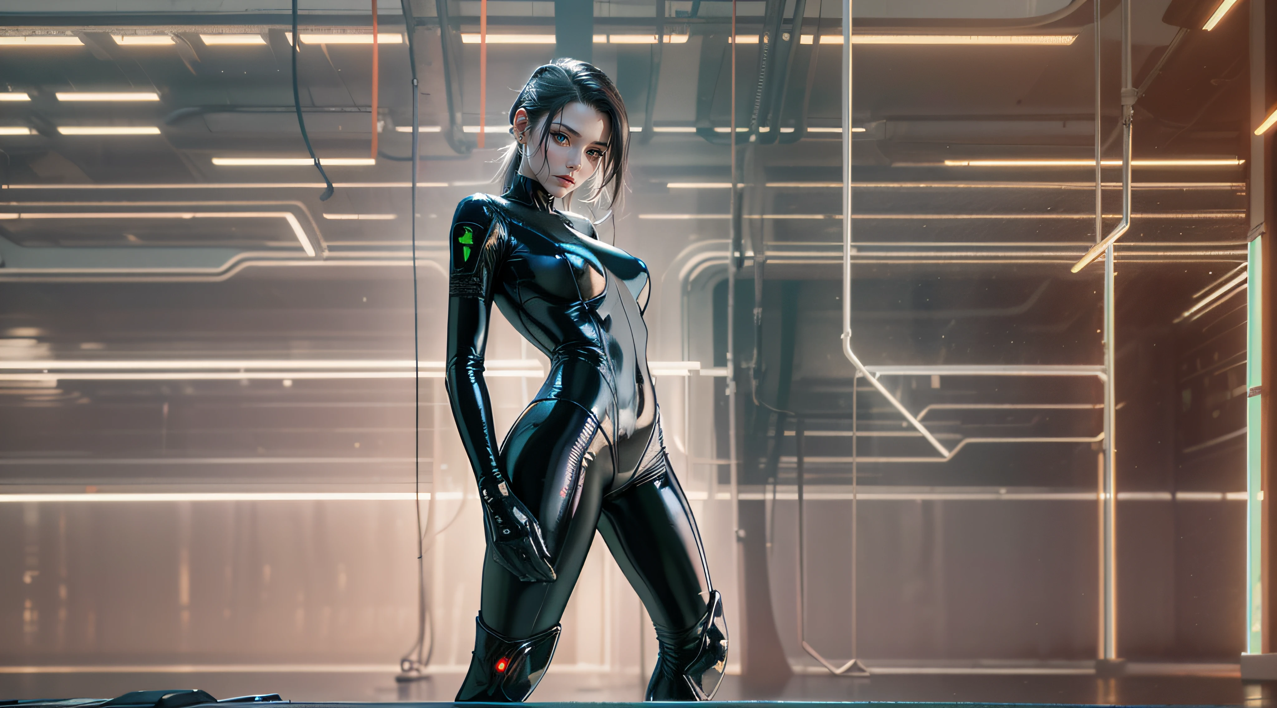 arafed woman in latex posing in a futuristic setting, cyberpunk glossy latex suit, an oppai cyberpunk, cybersuit, cyberpunk bodysuit, Cyberpunk 2 0 y. o model girl, wlop glossy skin, 2b, 2 b, cyber suit, cyberpunk suit, cyber suit, beautiful cyberpunk woman model, futuristic glossy latex suit, goth cybersuit, CGsociety masterpiece