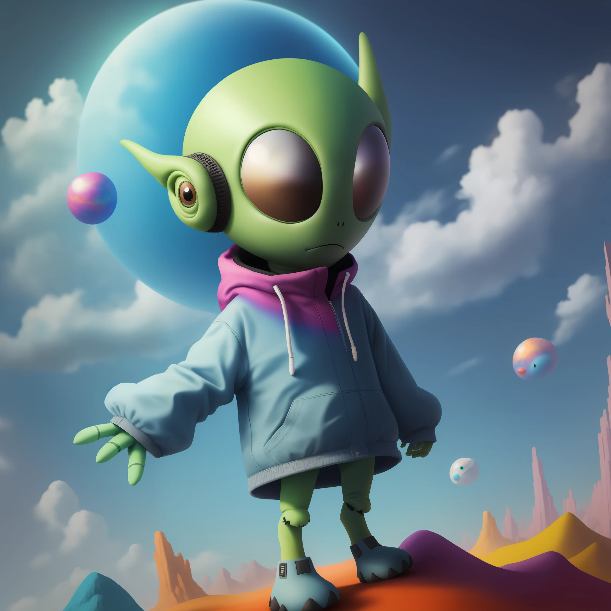 A stuffed alien in a colorful world
