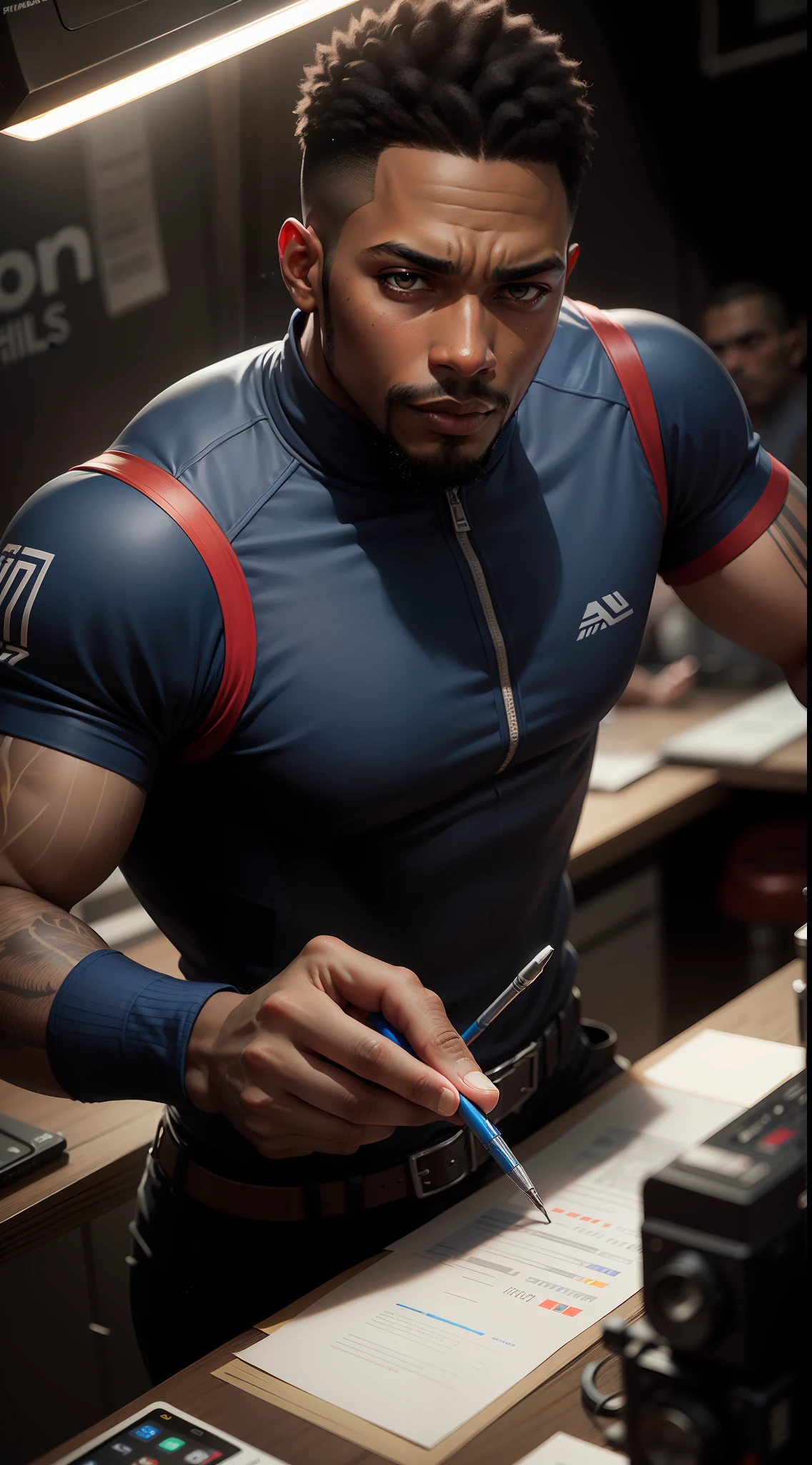 A black man with bills red and blue on each hand, Ultra Detailed, Ultra HD, Max Sharpen, 8K, 101K ultra detailed resolution, sf, trending on artstation, focus sharp, studio shot, intricate detail, highly detailed