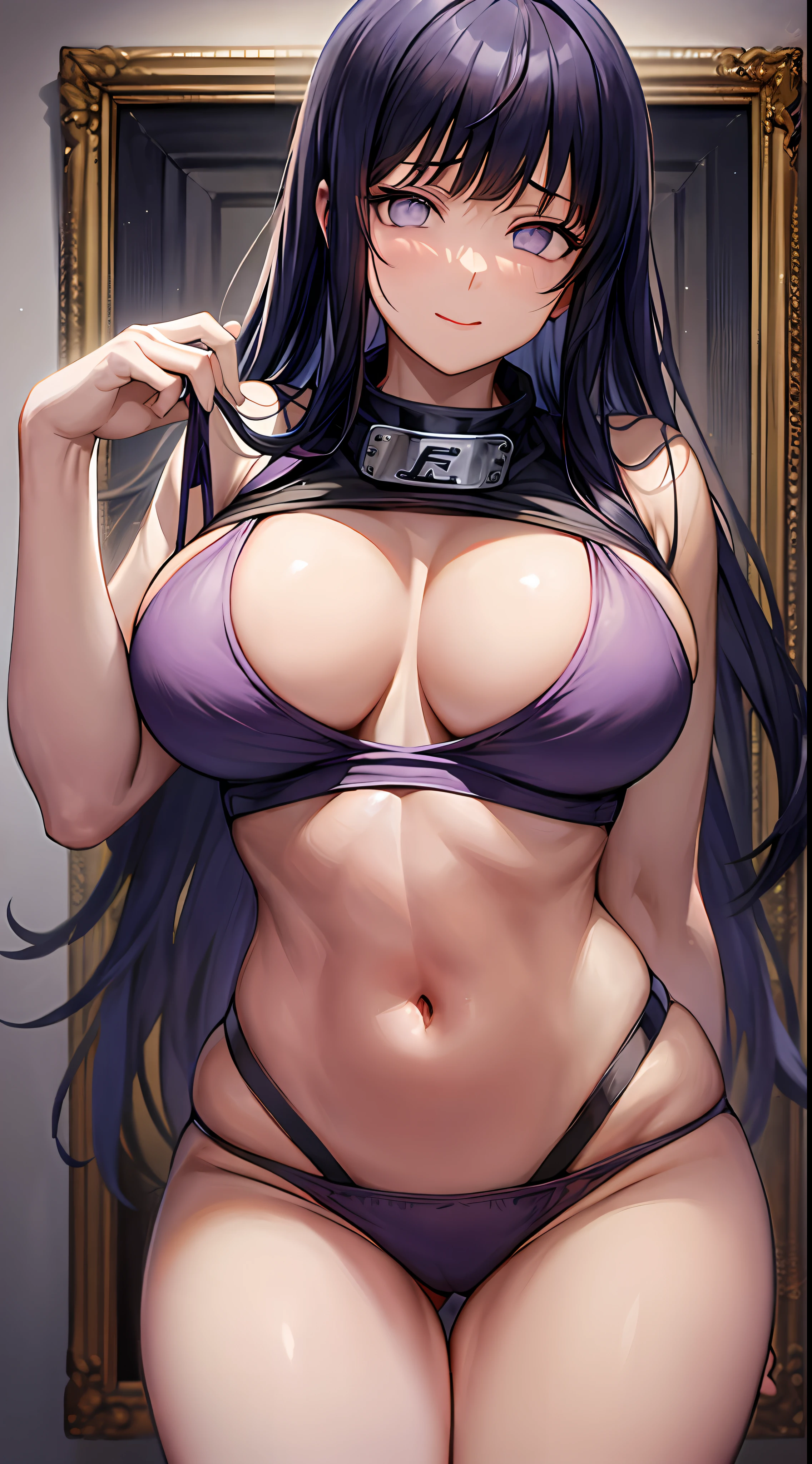 tmasterpiece， High- sharpness， high high quality， 详细的脸， detailed body render， 1girll， 独奏， hyuga hyuga， Hinata sleeveless clothing，big cleavage breasts，Lilac tight top， no brassiere， breasts out，Erotic panties，purpleish color
