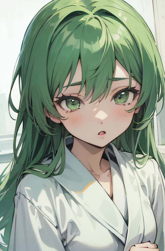 NSFW、1girll、、bath robe、(Half Atsu:1.2)、(Big ass:0.8)、panties on、panties aside、(Glossy skin:1.2)、masterpiece, top-quality, The ultra -The high-definition, Top resolution, ighly detailed, profetional lighting、pretty skin、Anime girl with green hair and green eyes in white shirt、Rogue anime girl、detailed anime character art、anime moe art style、long hair anime girl、Anime Style 4K、Portrait Anime Girl、Kantai Collection Style、detailed portrait of an anime girl、clean detailed anime art