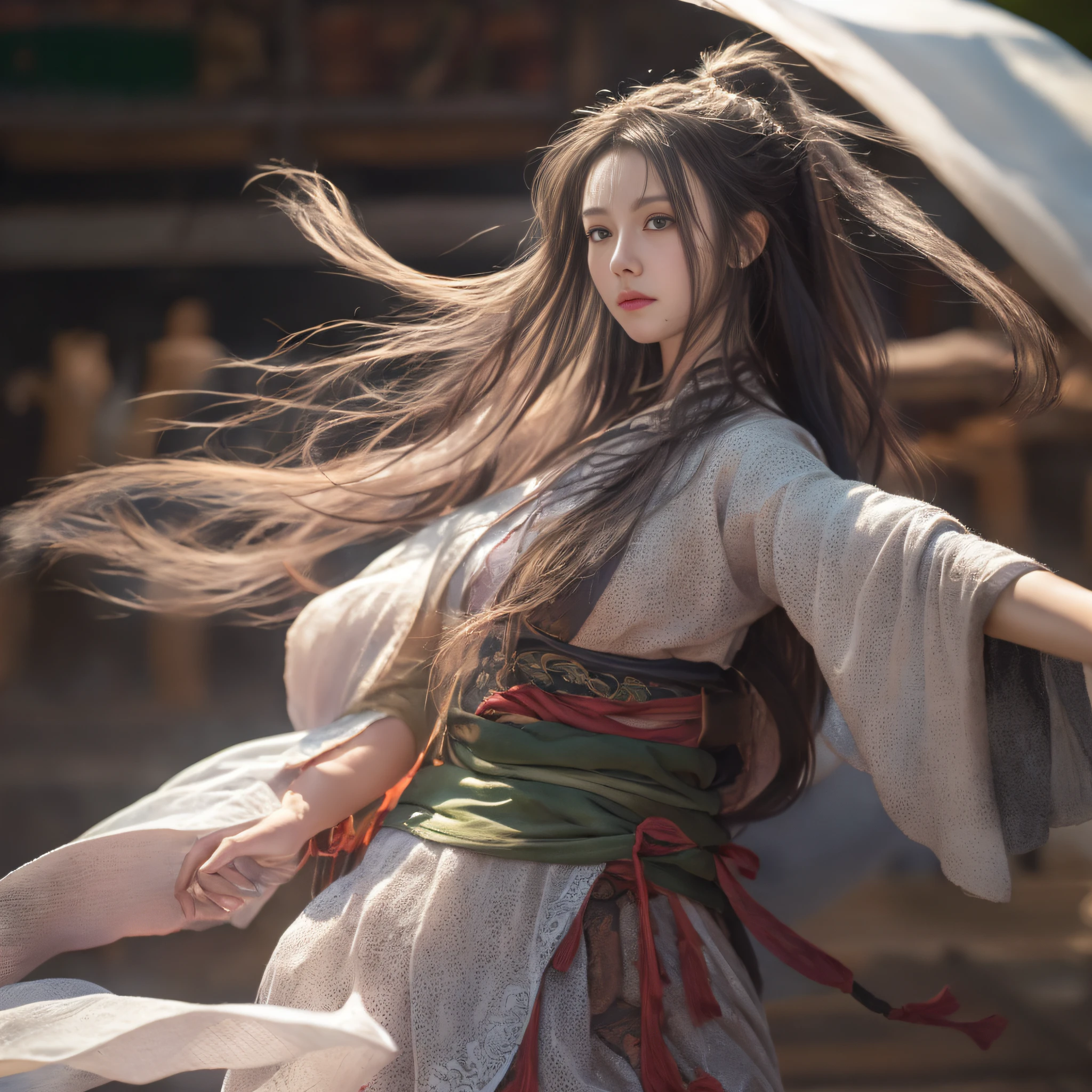 (RAW photo, Best quality), (Realistic, photo-realistic:1.3), Best quality, Highly detailed, Masterpiece, Ultra-detailed, illustration, 1girll, The upper part of the body_Body, Dynamic Angle, world mastery theater, Messy_Long_Hair,Best quality, extremely detailed CG unity 8k壁纸，ink，astounding，电影灯光，lens_flare，dunhuang_Style，flowy，Light work，Kungfu，long whitr hair，lightand shade contrast，Strong light，opulent，((Bright clothes)), swordsmen