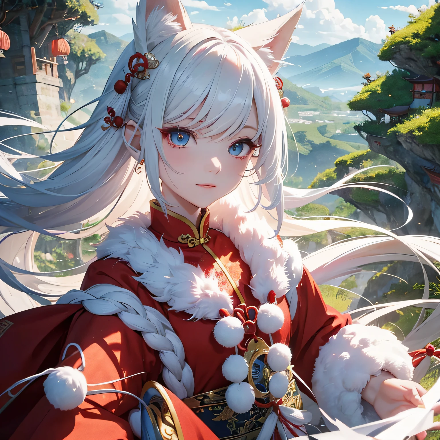 White-haired nine-tailed fox fairy,Chinese style,Girls with big heads,Complicated details,There is a circle of white clouds around,Red slender head rope,Blue-white tones,There are small Chinese knots,2d cartoon characters,Danfeng Eyes,Has red eyeshadow,It is surrounded by green mountains,best qualtiy,Fairy air fluttering,The face is clear,low-saturation,Complicated details,complementary colours --auto