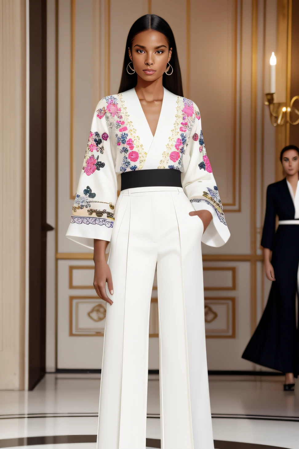 Full body photo AR 9:16, bruna is a black-skinned, long white-haired top model in her 30s wearing a futuristic short kimono filled with colorful embroidered haute couture designs, with wide sleeves and tight blouse cuffs, with bust at the waist in black, bruna wears military-style white high-waisted pants with pleated pockets on the sides, haute couture, Parisian fashion show, full HD, photo by Annie Leibovitz, 8k
