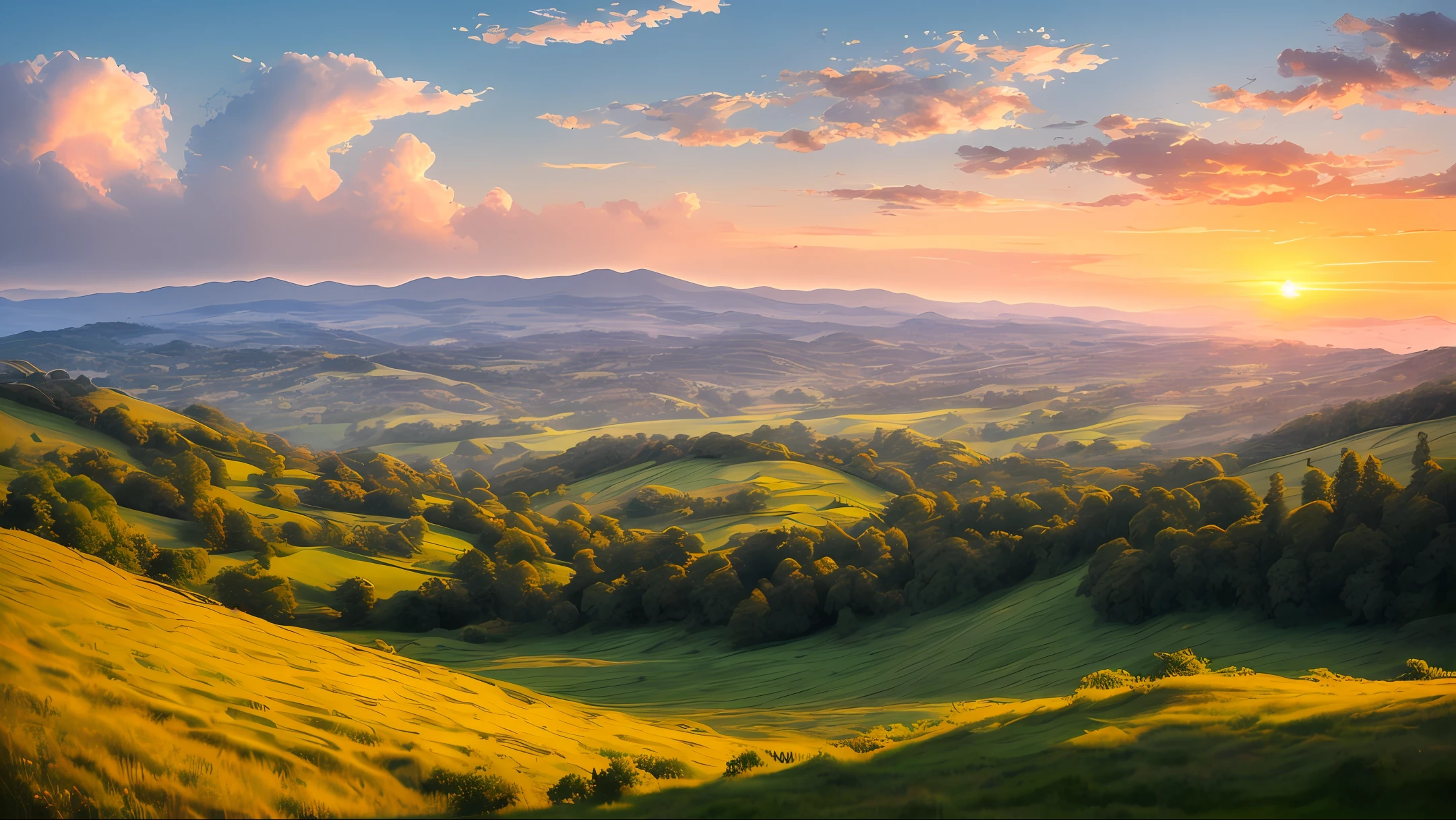 hillside，early evening，Sea of Clouds，with blue sky and white clouds，the setting sun，Realistic landscape