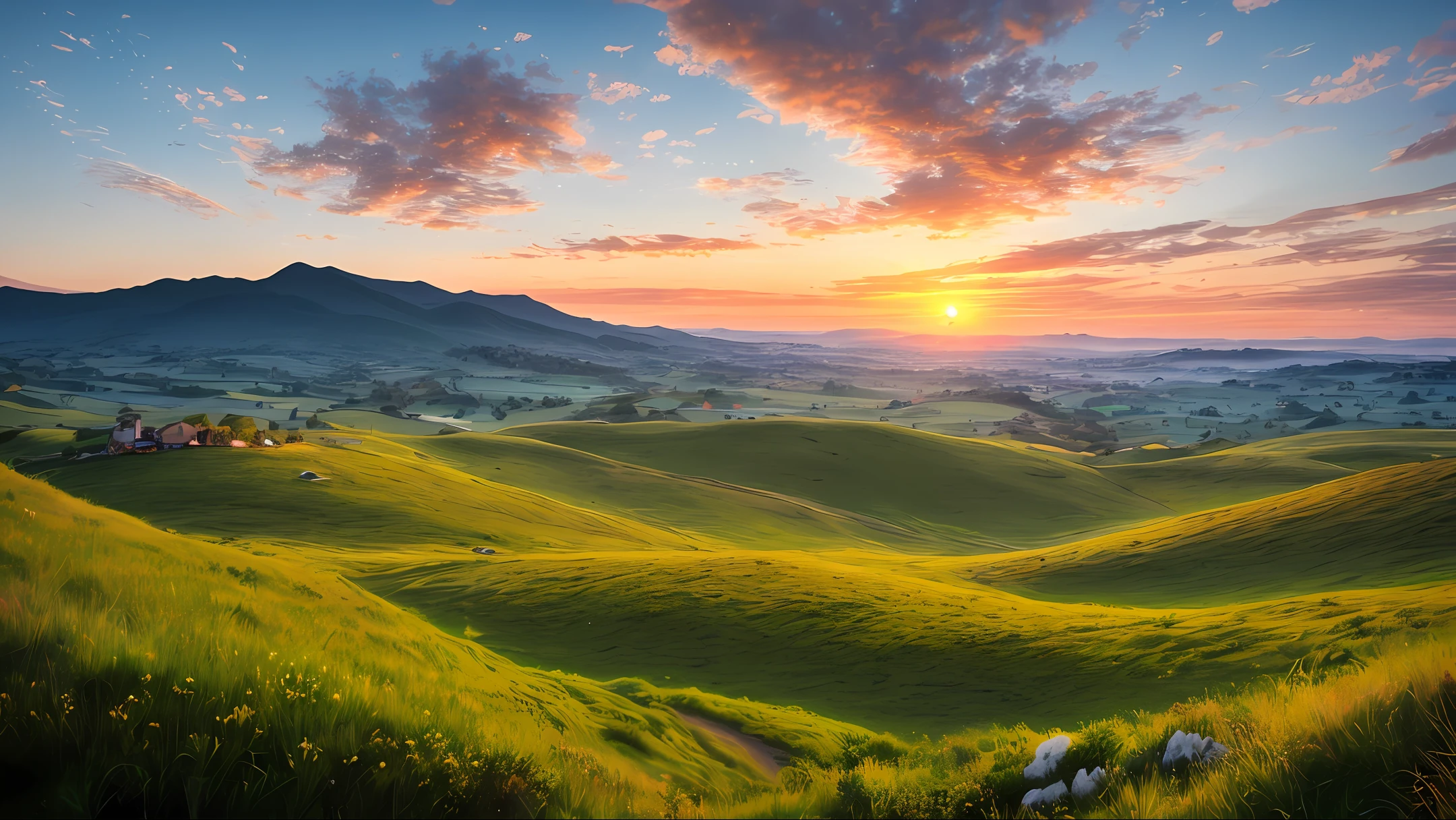 hillside，early evening，Sea of Clouds，with blue sky and white clouds，the setting sun，Realistic landscape